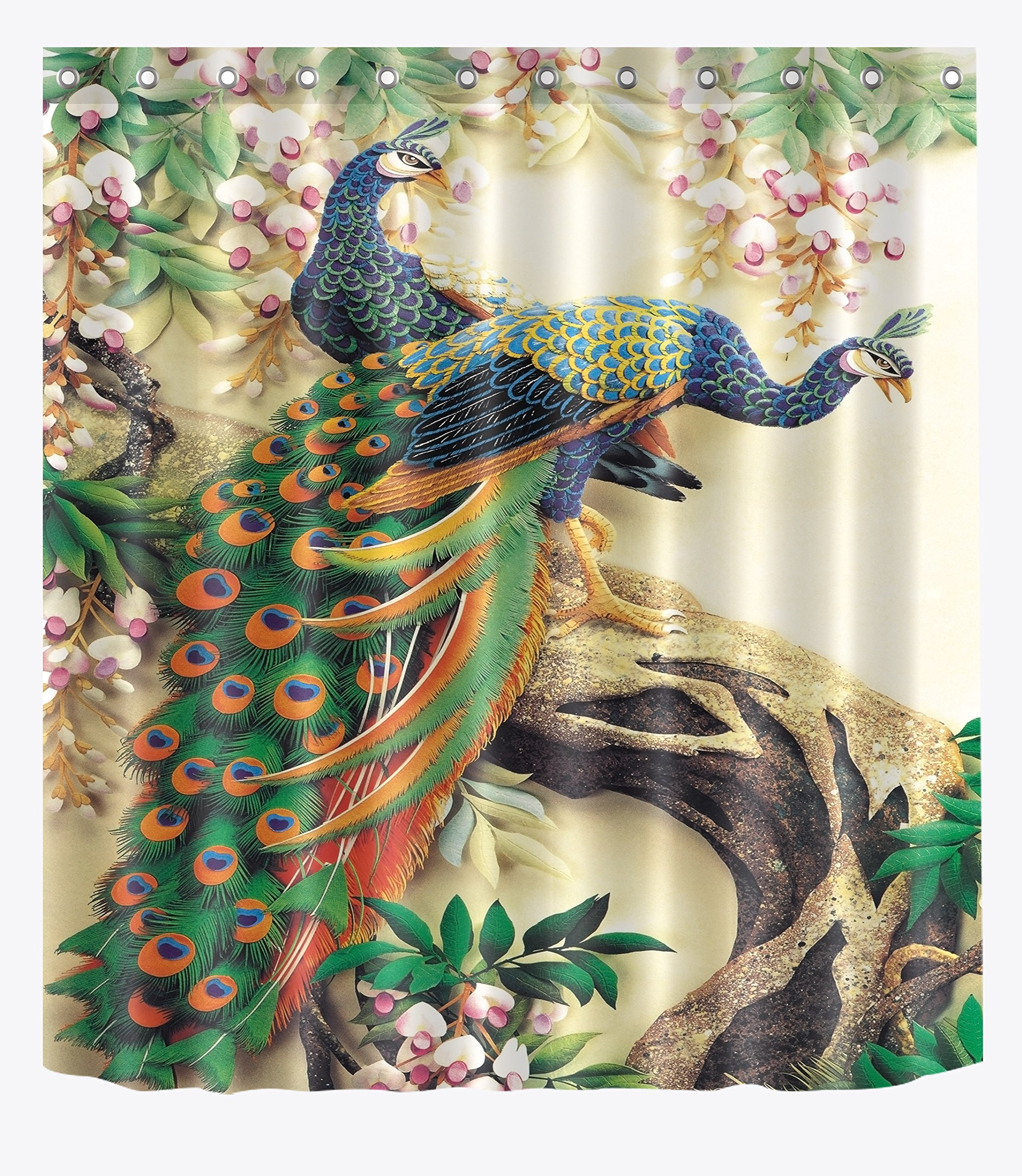 LB Peacock Feathers Shower Curtain Elegant Bird Animal Colorful Floral Branch Shower Curtain Set with Hooks for Bathroom, 70x70 Waterproof Fabric Shower Curtain