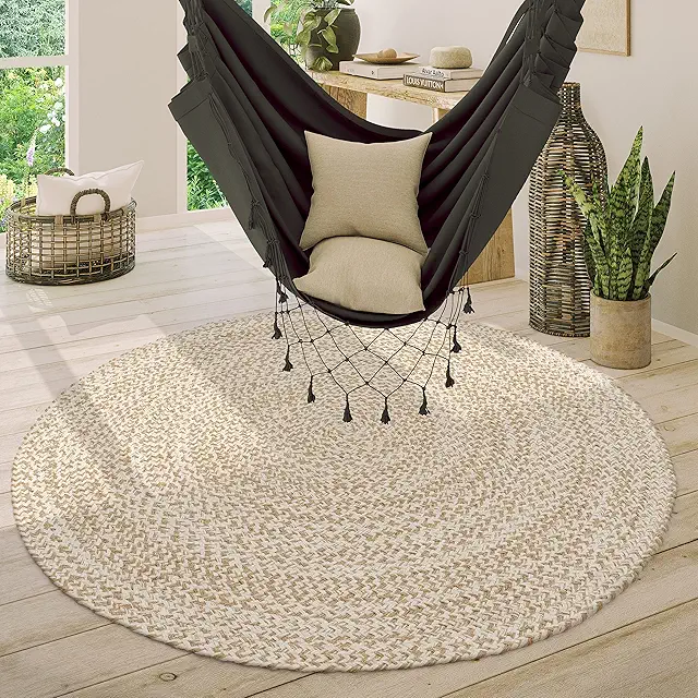 Runder Jute-Teppich Boho Ethno Design Handgefertigt Naturteppich Beige 80 cm