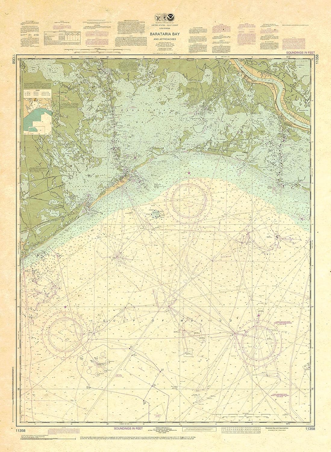 Paradise Cay Publications Antiqued NOAA Chart 11358: Barataria Bay and approaches