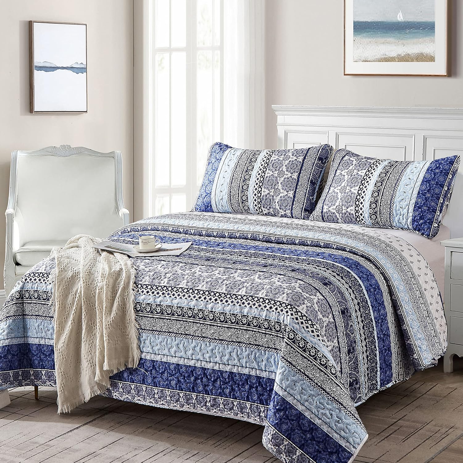 WONGS BEDDING Boho Quilt Set Queen Size, Blue Bohemian 3 Pieces Quilt Sets, Lightweight Bedspread Coverlet Bedding Set for All Season (96"x90") - Image 2