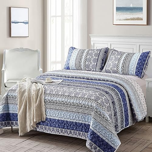 Miniatura 2 de WONGS BEDDING Juego de edredón bohemio tamaño Queen, juego de edredón bohemio azul de 3 piezas, juego de ropa de cama ligero para todas las