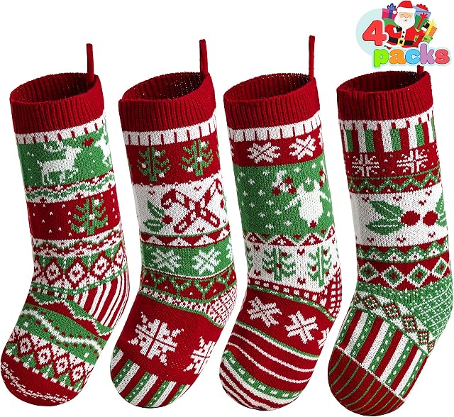 JOYIN 4 Pack 45cm Christmas Stockings, Large Size Rustic Cable Knit Xmas Stocking in Red & Green, for Family Holiday Season Decorations