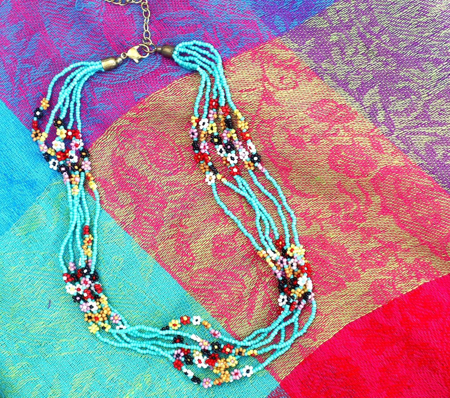 Pretty Adjustable Colorful Multi Strand Beaded Seed Bead Flowers Statement Necklace Floral Spring Summer Jewelry for Women