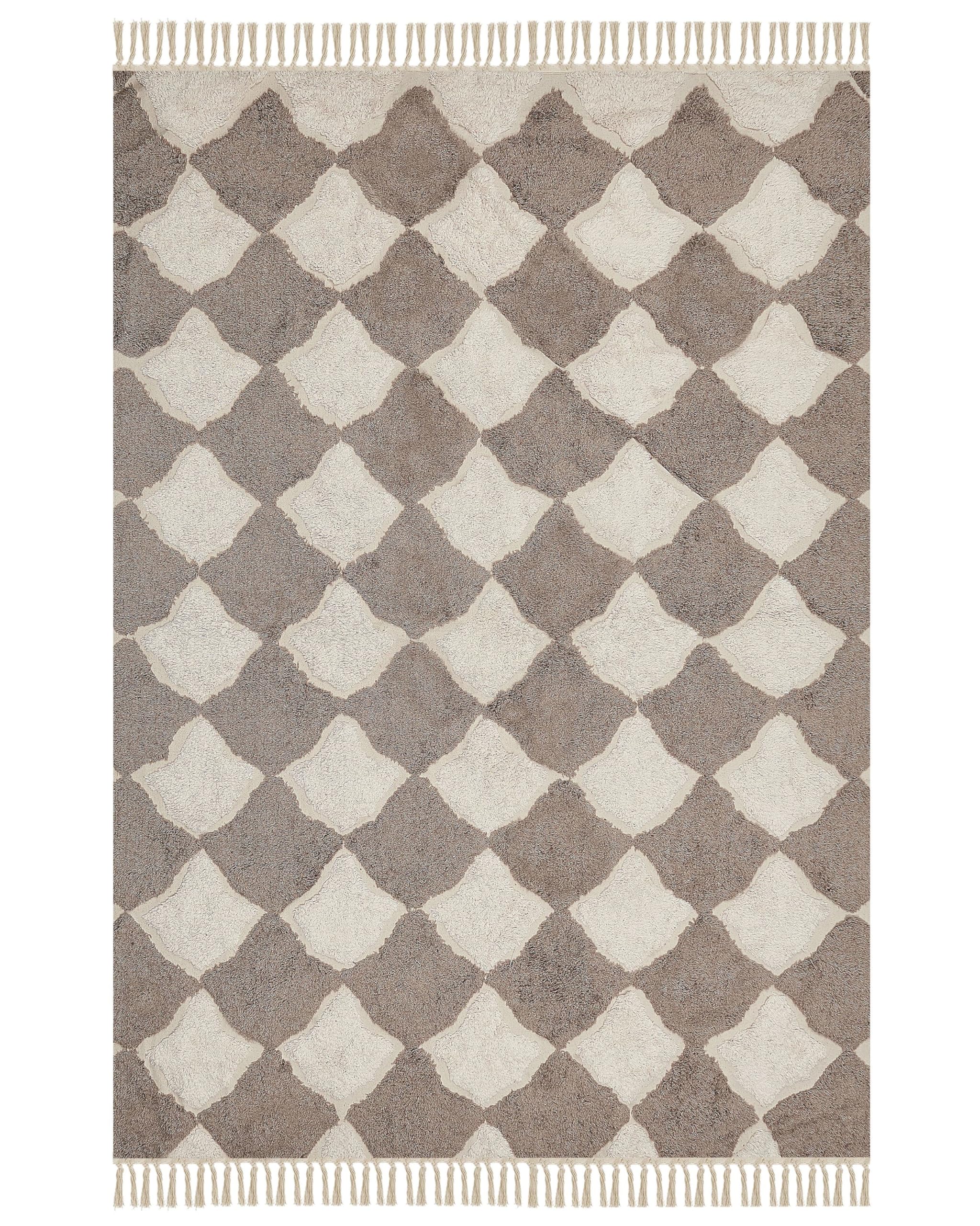 Dywan bawełniany z frędzlami wzór geometryczny 160 x 230 cm brązowy z beżowym Sinop