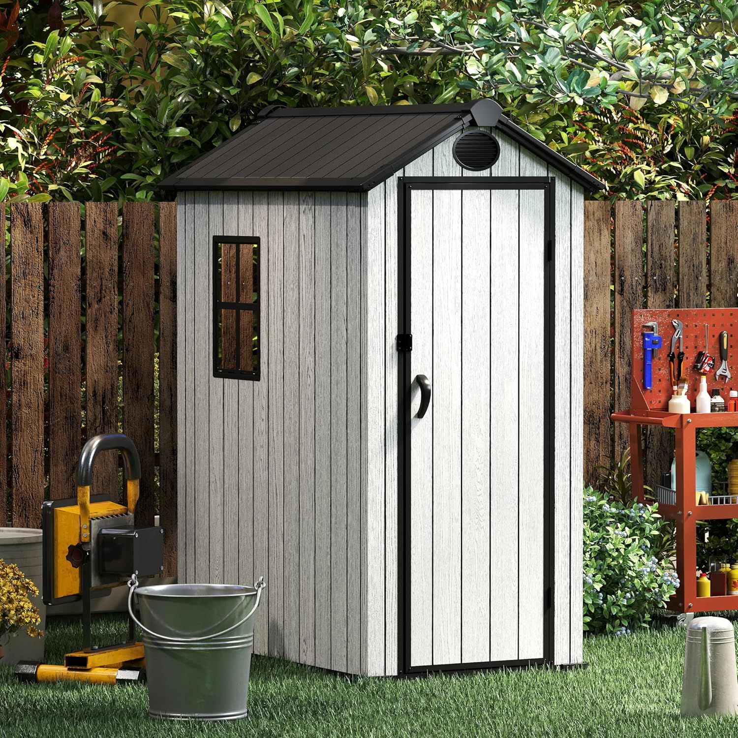 ZYJOYY 3x5 FT Outdoor Storage Shed Resin Garden Tool Shed with Lockable Doors & Slooping Roof, Plastic Shed with Floor for Garden, Backyard, Patio, Grey