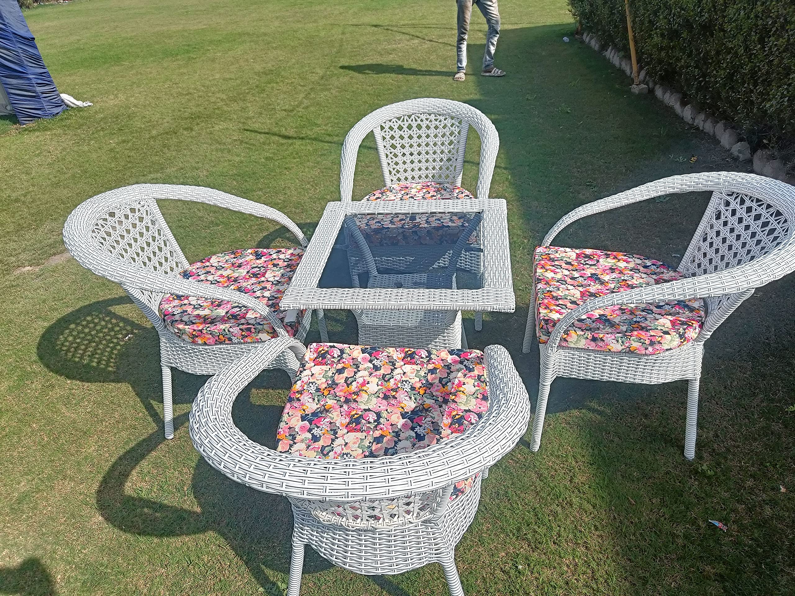ZEROLINE D-8 5-Piece Outdoor Wicker Furniture Set (4 Chairs & 1 Table) | UV Resistant PE Rattan | Powder Coated Steel Frame | Patio, Garden, Balcony & Indoor | with Cushions | Off White & Multi-image-38