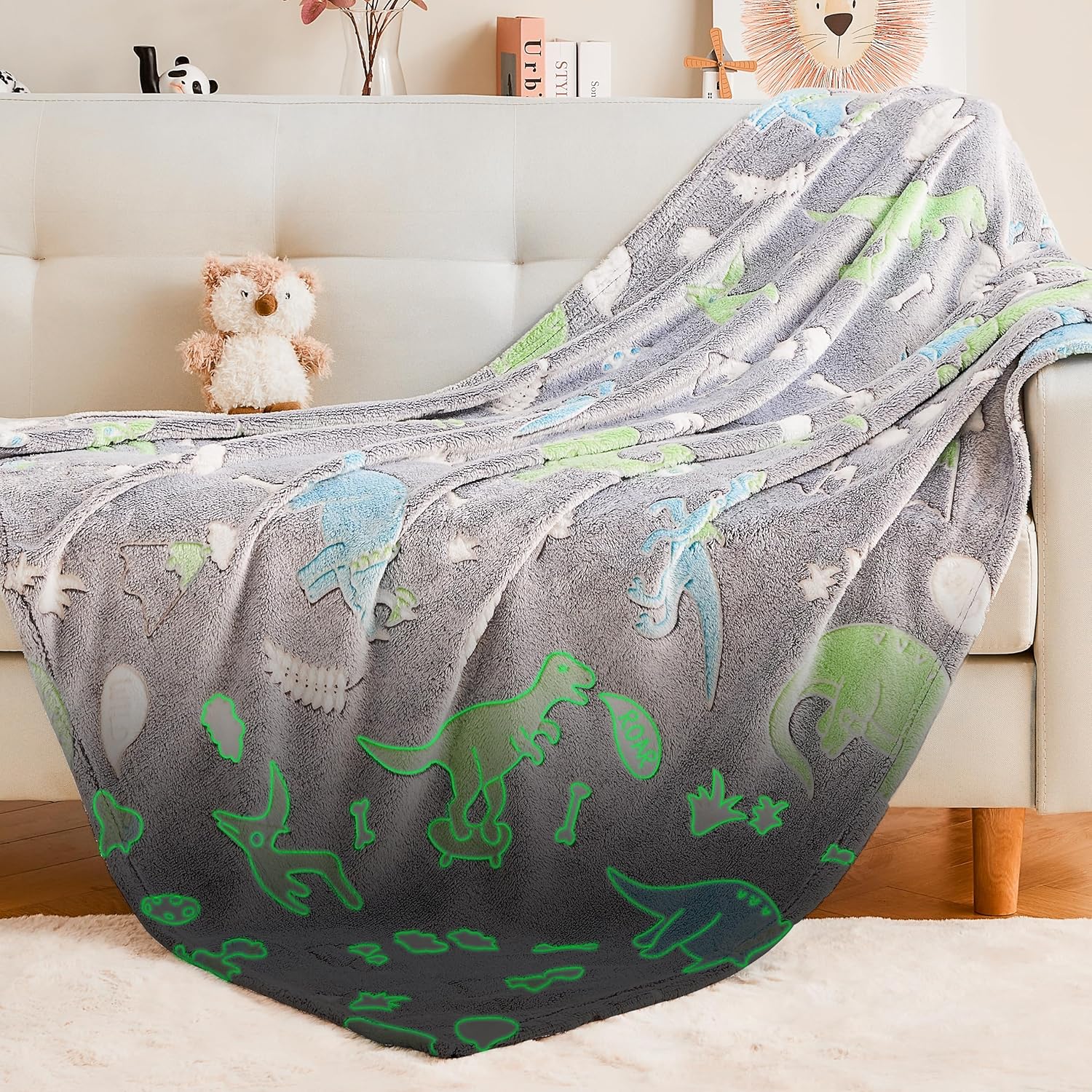 Ramees Glow in The Dark Dinosaur Blanket, Cute Blanket for