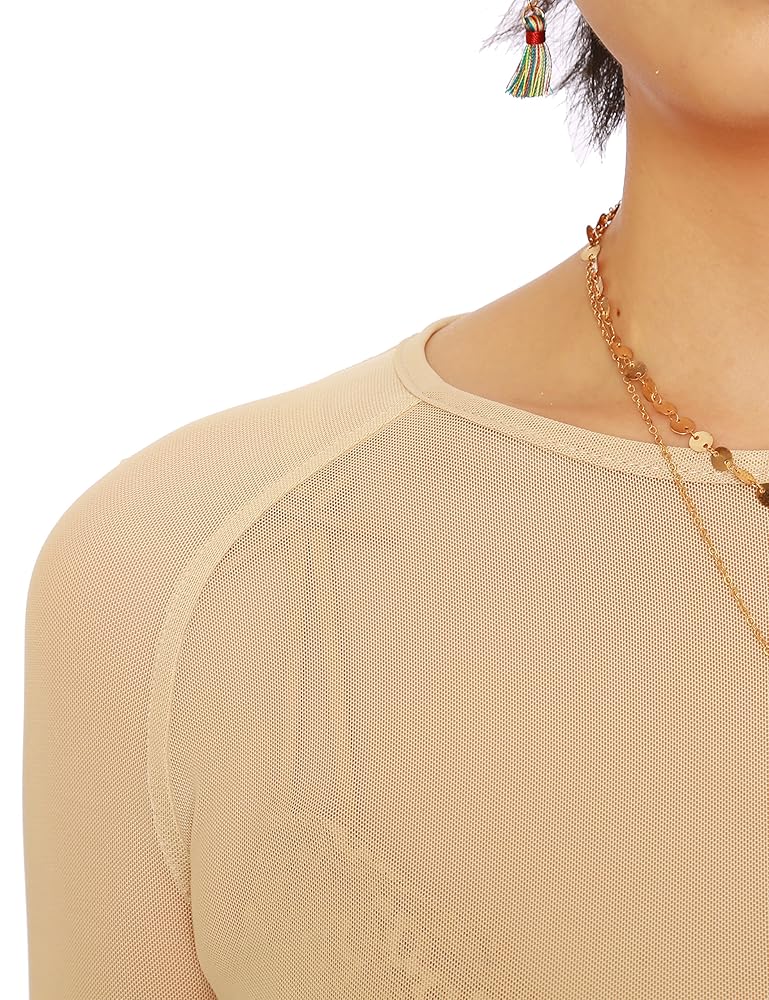 May&Maya Women's Long Sleeve Sheer Mesh Top (XS, Beige) at