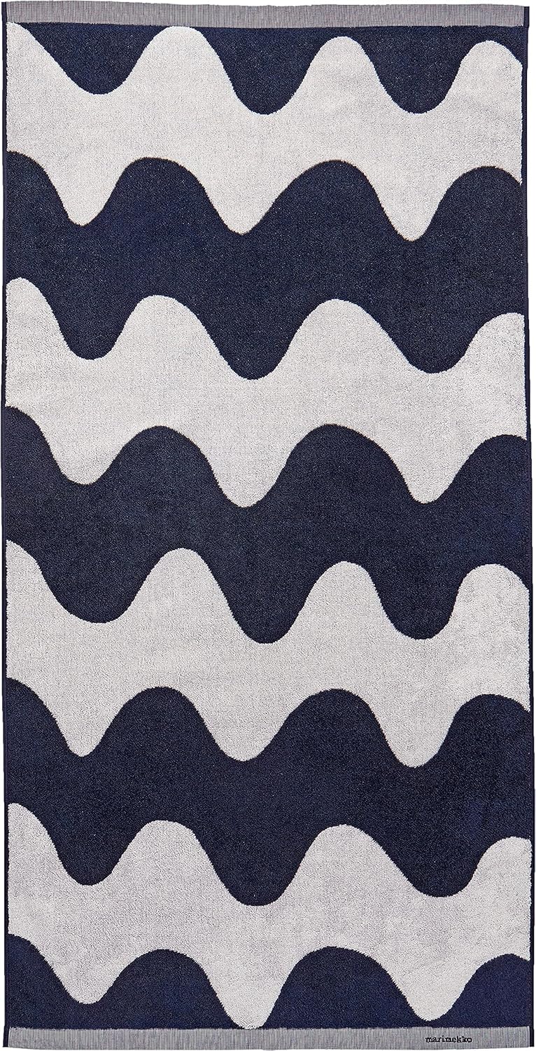 MARIMEKKO Lokki Terry Cotton Bath Towel (Dark Blue) – Waves Patterned Bath Towels – 59 in x 28 in