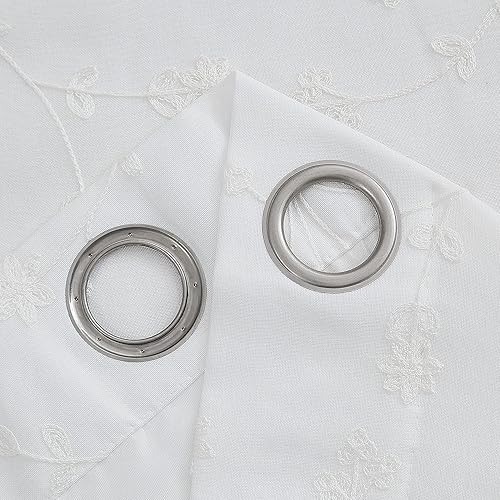 Miniatura 4 de Bujasso Cortinas semitraslúcidas florales blancas de 54 pulgadas con patrón de hojas bordadas, paneles de cortina para ventana con forro de