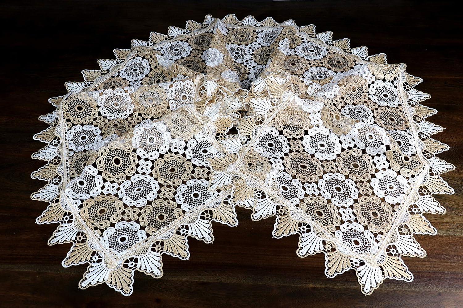 Marina Decoration Vintage Elegant Embroidered Cutwork Kitchen Dining Dresser Scarf and Table Runner, Interlaced Taupe and White Lace Circles 16 x 36 Inch Rectangle for Small Coffee Tea Table and Night