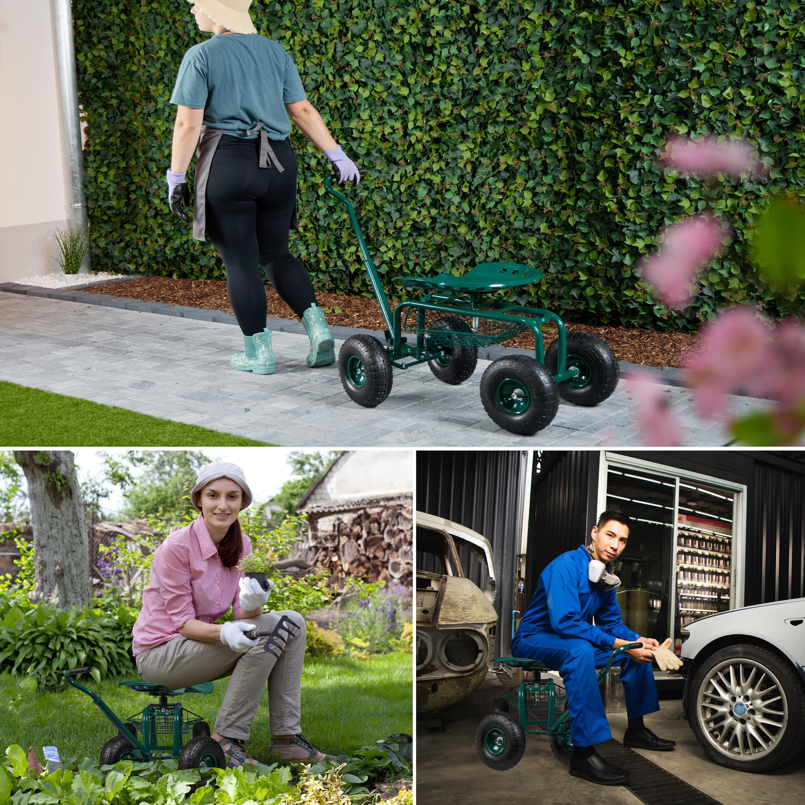 Relaxdays Sgabello Giardinaggio con Ruote, Carrello Portautensili Giardino, Altezza Regolabile, 150 kg, Acciaio, Verde