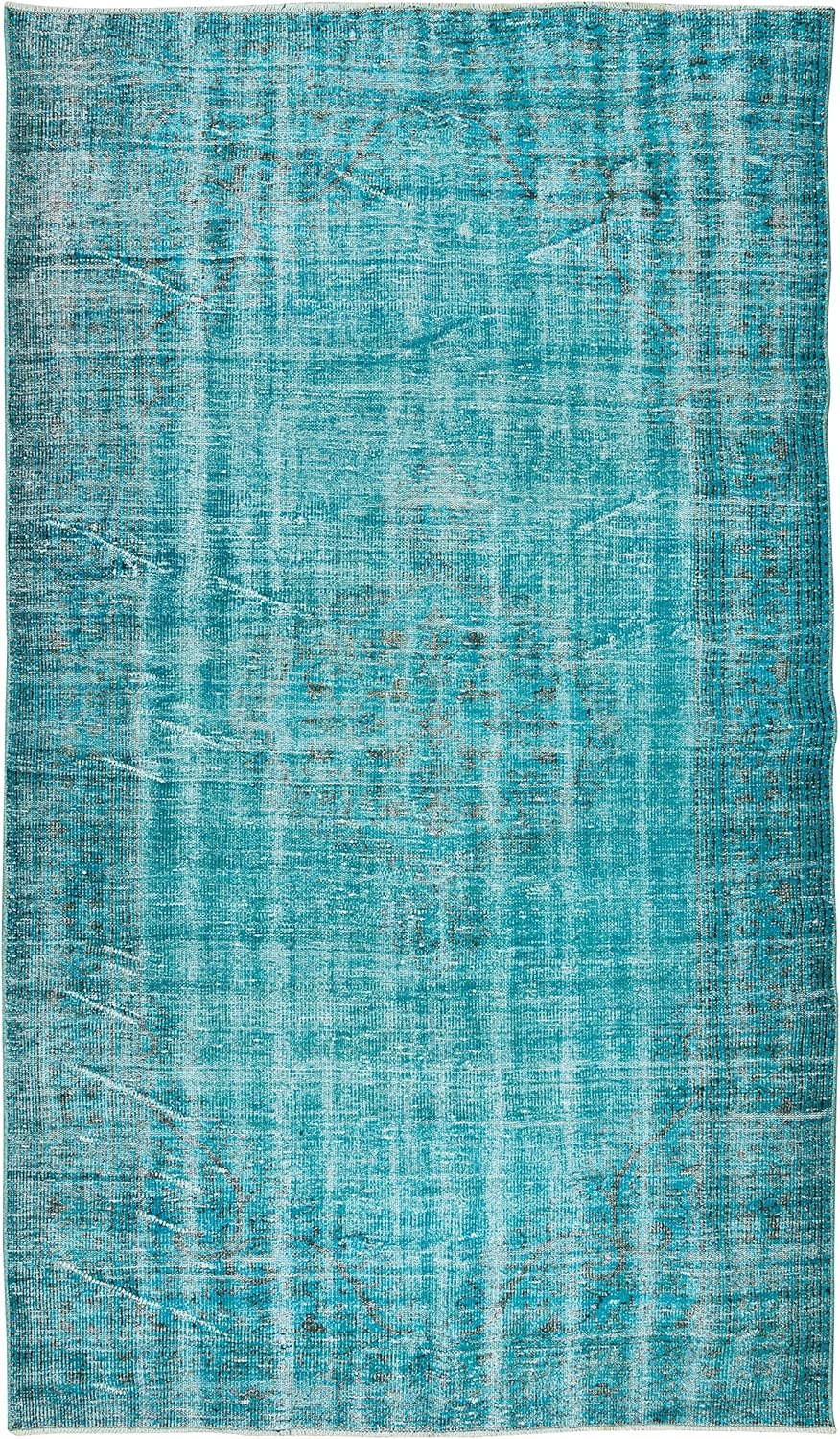 5.6x10 Ft Teal Re-Dyed Rug for Modern Interior, Vintage Handmade Turkish Carpet