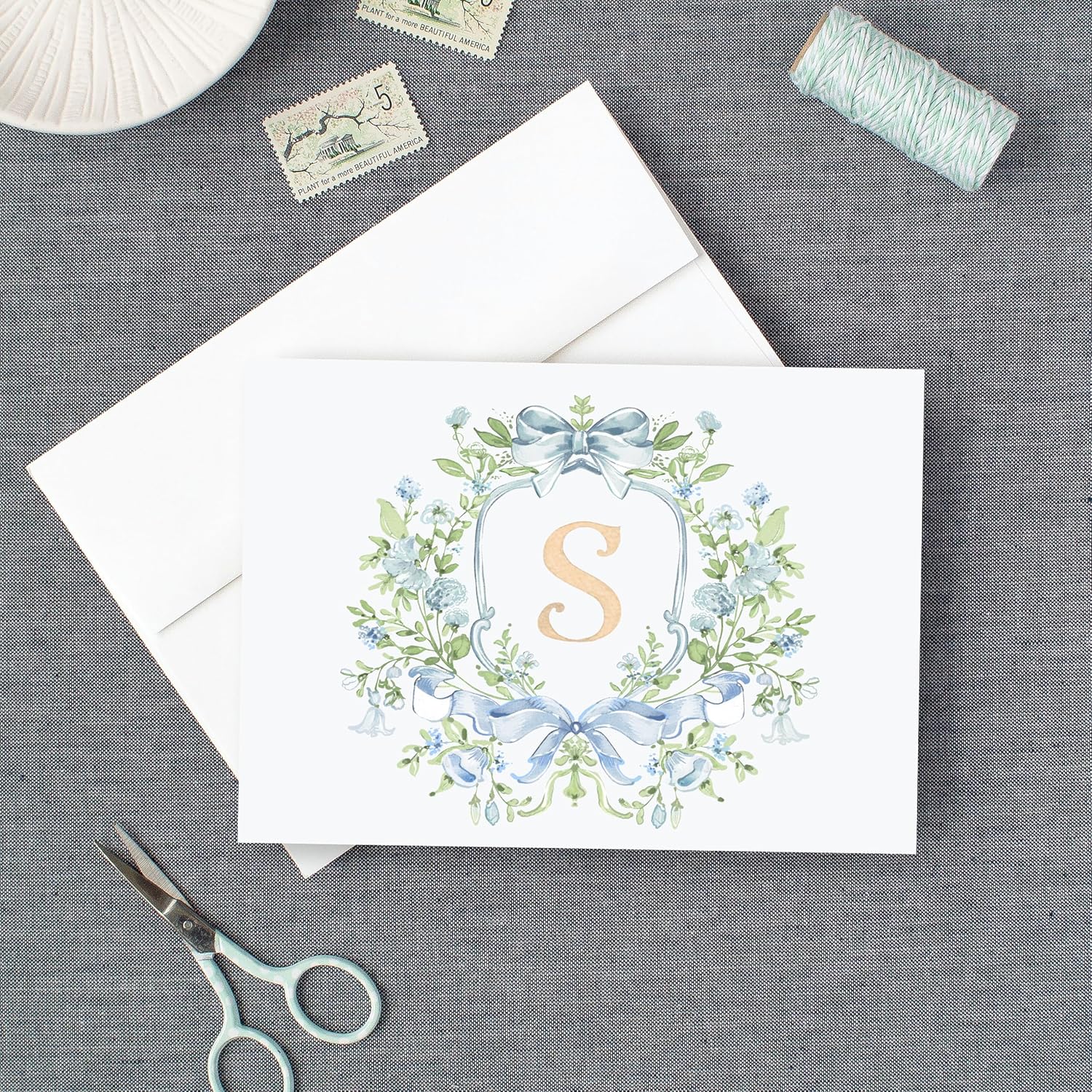 Monogram Cards, Blue Crest Personalized Monogram Stationary for Women, Professional Note Cards for Her, Folded, Custom Thank You, Set of 10 Cards + Envelopes, 25-40 (Single Letter Folded Cards)