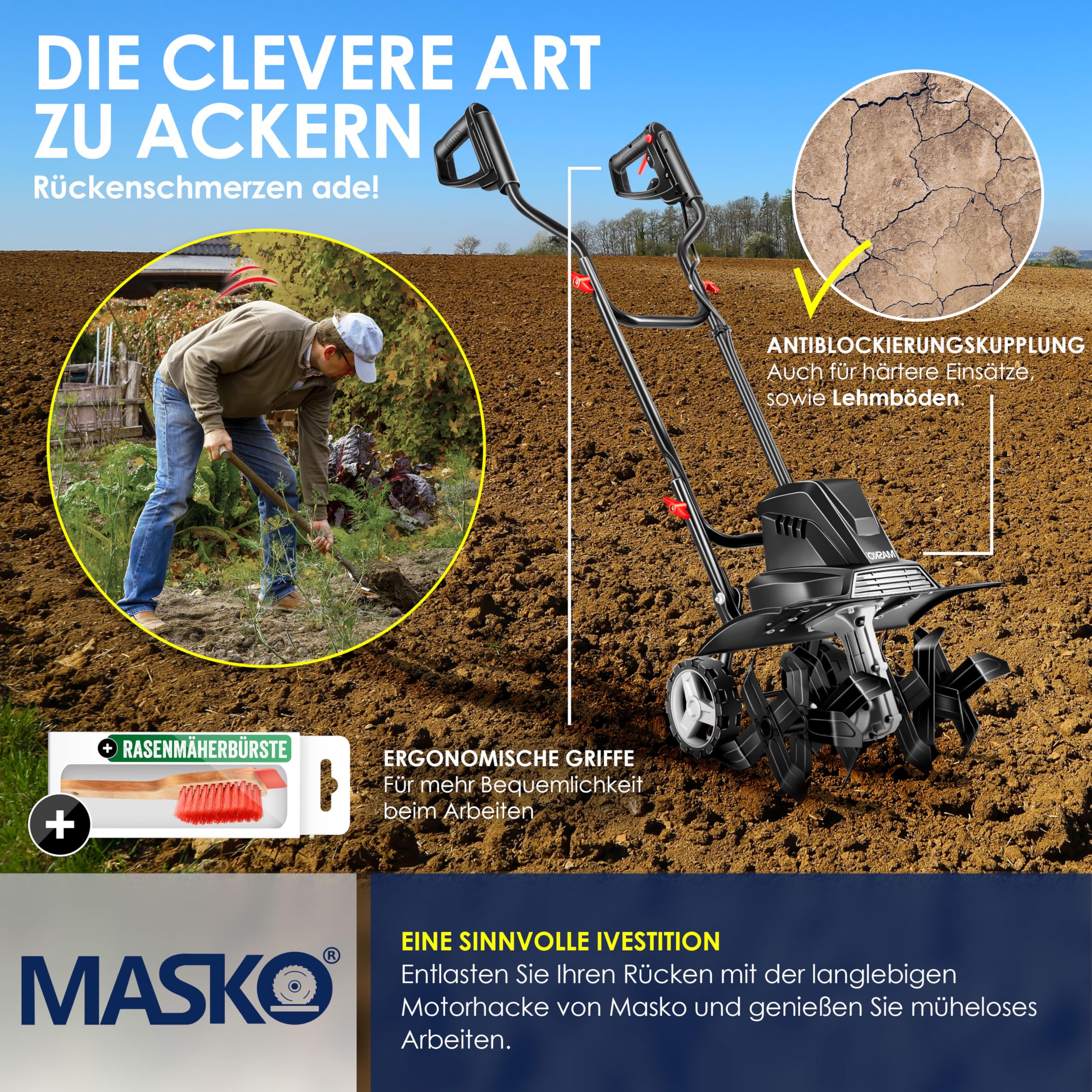 MASKO® Motobineuse électrique 1 500 Watts | 40 cm de Largeur de Travail, 20 cm de Profondeur de Travail | Bineuse | Motoculteur à Fraise | Cultivateur | Fraiseuse de Jardin | Bineuse électrique, Noir