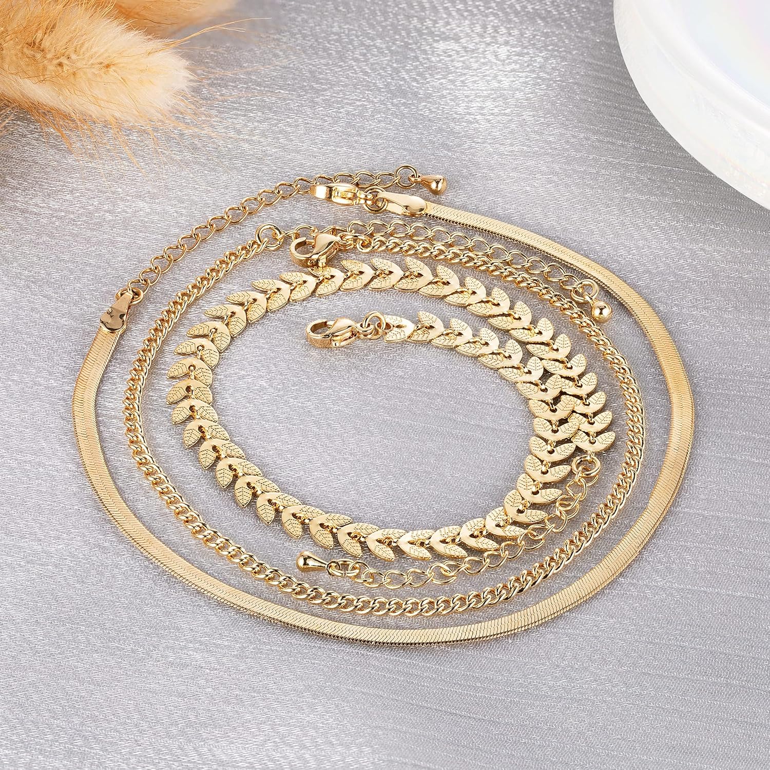 MIDEEO Gold/Silver Ankle Bracelets for Women,14K Gold Anklets for Women Waterproof Cuban Link Heart Beads Herringbone Rhinestone Anklets Set Layered Anklet Bracelets for Women Gold Jewelry Gift - Image 4