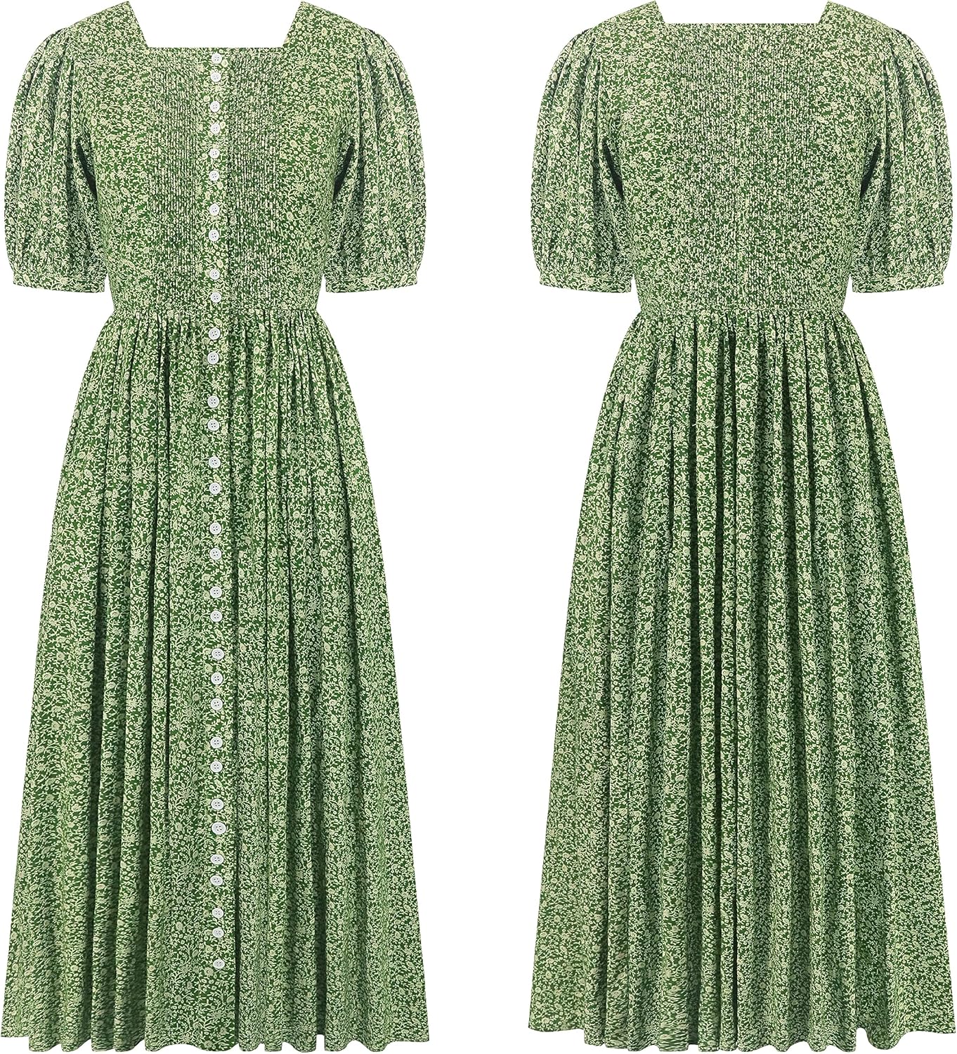 R.Vivimos Women Summer Maxi Dress Cotton Puff Sleeve Square Neck Vintage Floral Print Button Down A-Line Cottagecore Dress - Image 7