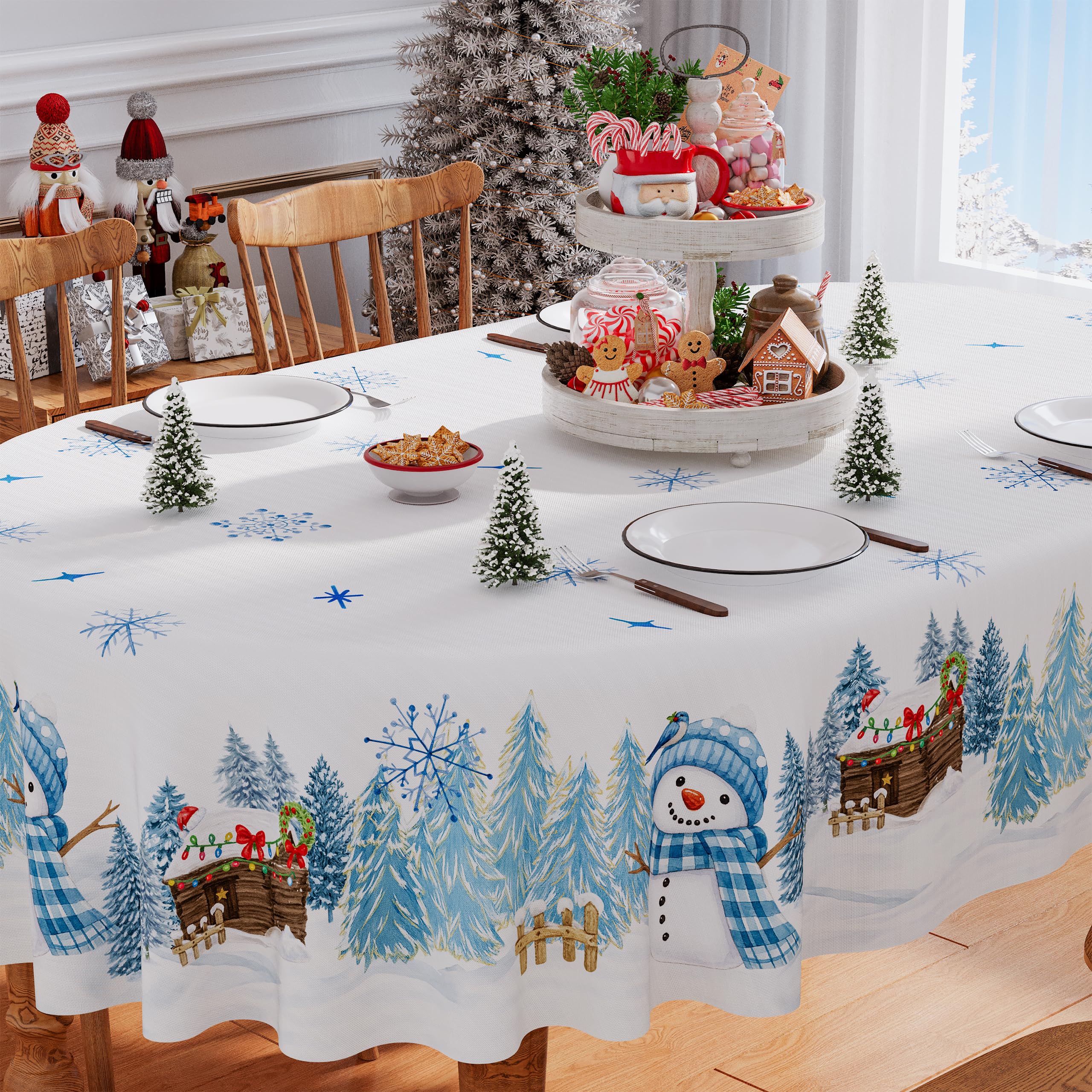 Siilues Christmas Tablecloth 60x84 Inch Oval, Blue Vintage Snowflake Snowman Table Cover Seasonal Winter Scalloped Edge Waterproof Dining Table Cloth Home Party Decor