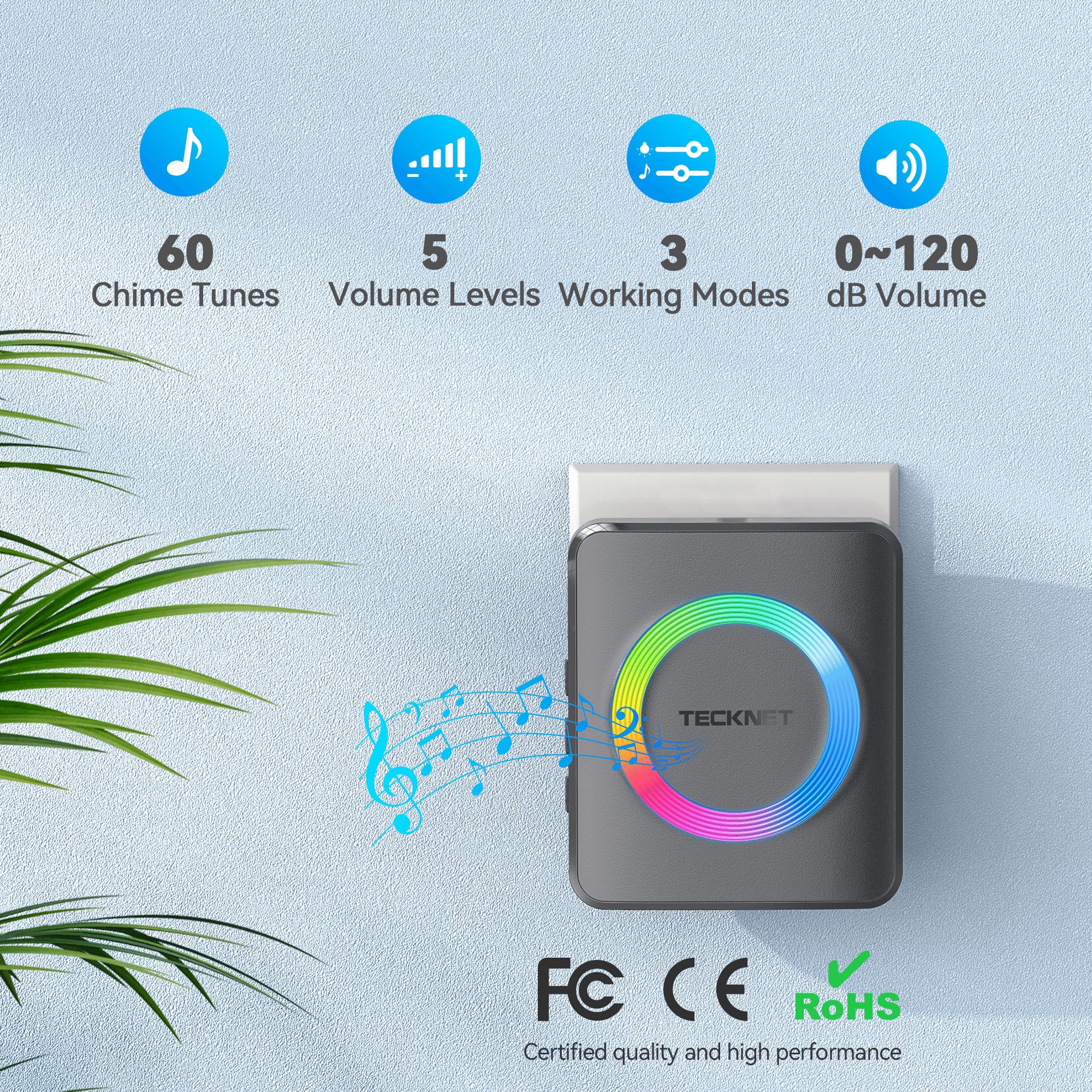 TECKNET Draadloze deurbel, IP65 waterdichte dubbele muur plug-in draadloze deurbel kit met 400 m bereik, 60 klokken, 120dB luid 5-niveau volume en blauw licht, plug-in deurbel