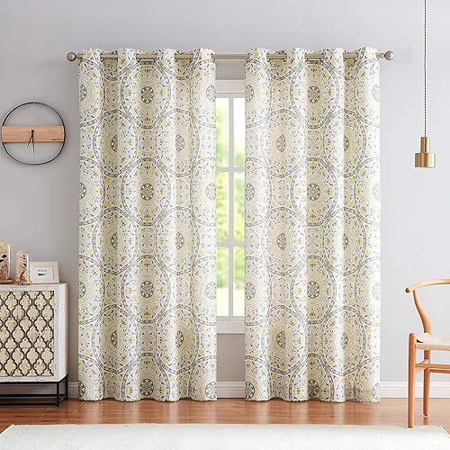 Romantex Yellow/Grey Semi Sheer Medallion Linen Grommet Curtain Panel 95" Long for Living Room/Bedroom Floral Print Drapes Bedroom Window Treatment Farmhouse Vintage Style,52" Wx95 L,2 Pcs