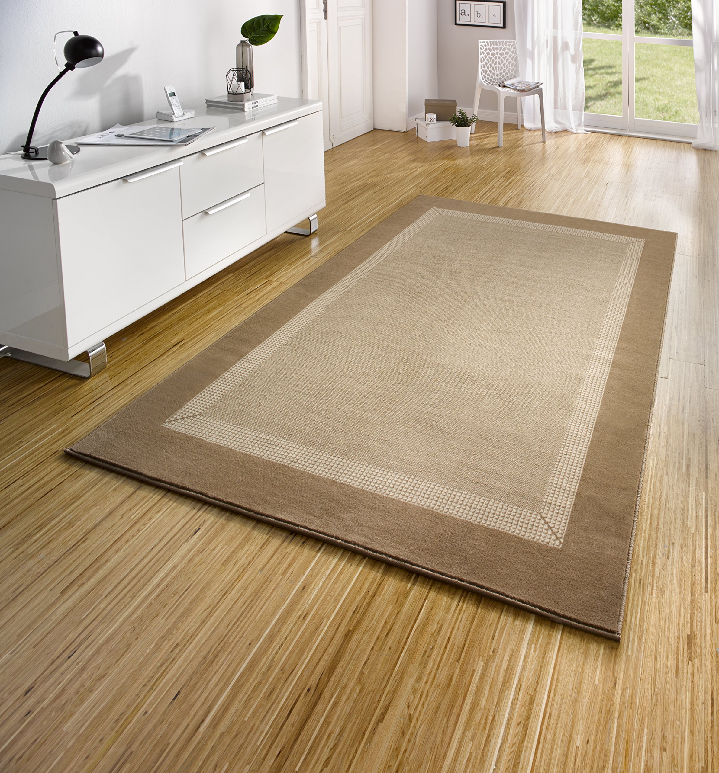 The Rugs Unisex Beige Designer Velours Band Rug Polypropylene Short Pile Rug & Runner In | Size: 120Cm X 170Cm