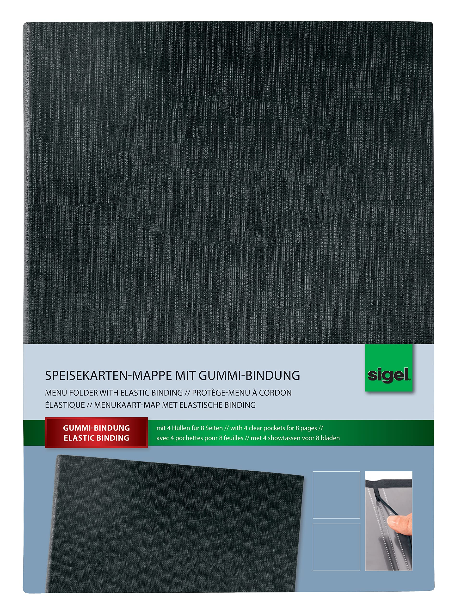 Sigel SM110 Menu Folder with Elastic Binding, Black, with 2 Double Transparent Pockets for 8 Pages, for A4