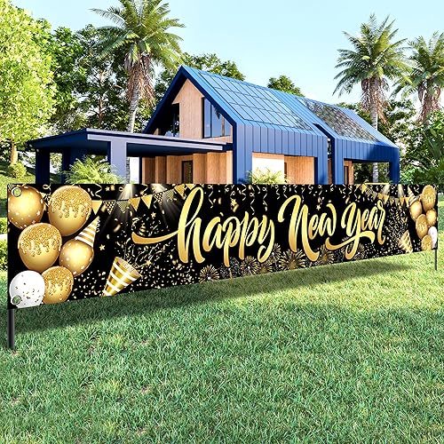 KatchOn, Cartel de feliz año nuevo 2024  Xtragrande 120 x 20 pulgadas  Decoraciones NYE 2024, pancarta de feliz año nuevo para patio  Suministros