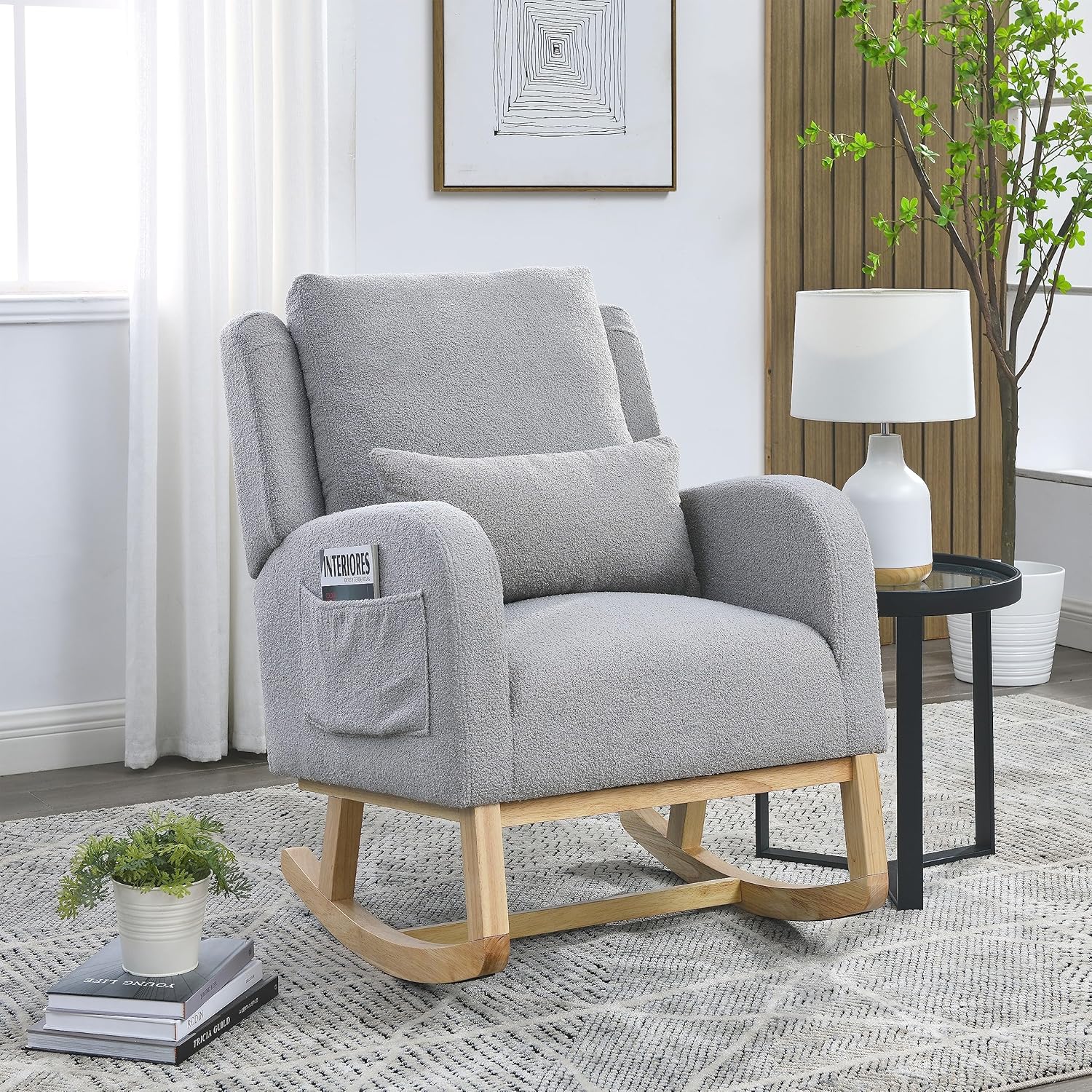 KINFFICT Nursery Rocking Accent Chair, Velvet Upholstered Glider Rocker Armchair with Lumbar Pillow, Comfy Side Chair Modern Rocking Lounge Chairs Indoor with Side Pocket for Living Room (Teddy Pink)