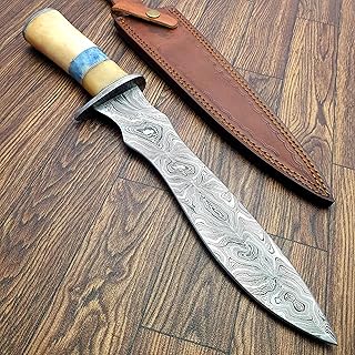 HK-81 Handmade Damascus Steel Knife for Hunting, Survival, Camping, Skinning, Bushcraft, Fixed Blade Full Tang Bone Handle, with Leather Sheath., Blue,White., KZ-59 - TZ KNIVES