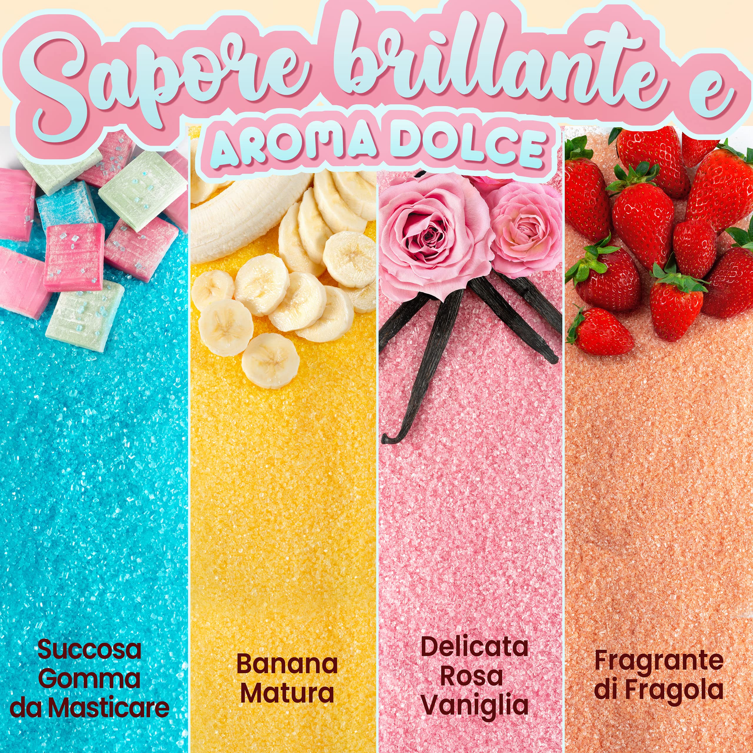 GREENDOSO® Zucchero per Zucchero Filato (4x320 gr) - Set di 4 Gusti (Fragola / Bubble Gum / Banana / Vaniglia) - 50 Bastoncini