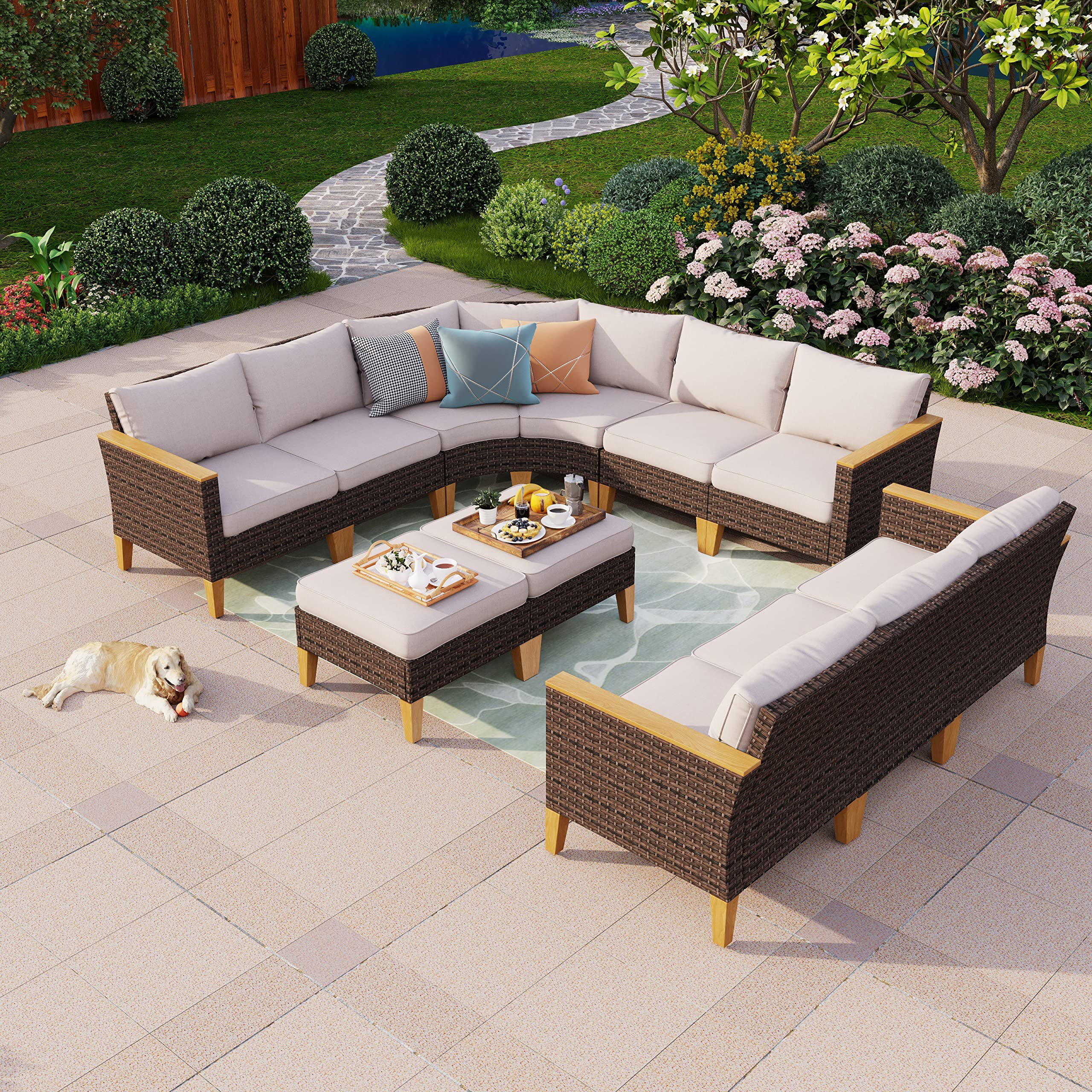 PHI VILLA 11-Piece Outdoor Sectional Patio Conversation Set, Half-Moon Curved Wicker Furniture Set for 11 Seats with Cushioned 2 x Fan-Sofa, 4 x