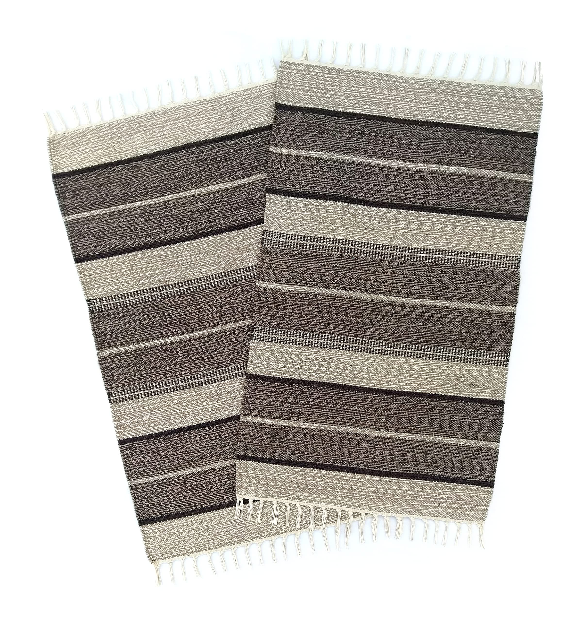 H2H House2Home Cotton Stripe Design Runner Mat/Bedside Rug Combo Offer of 2 (50cm X 80cm - Brown)
