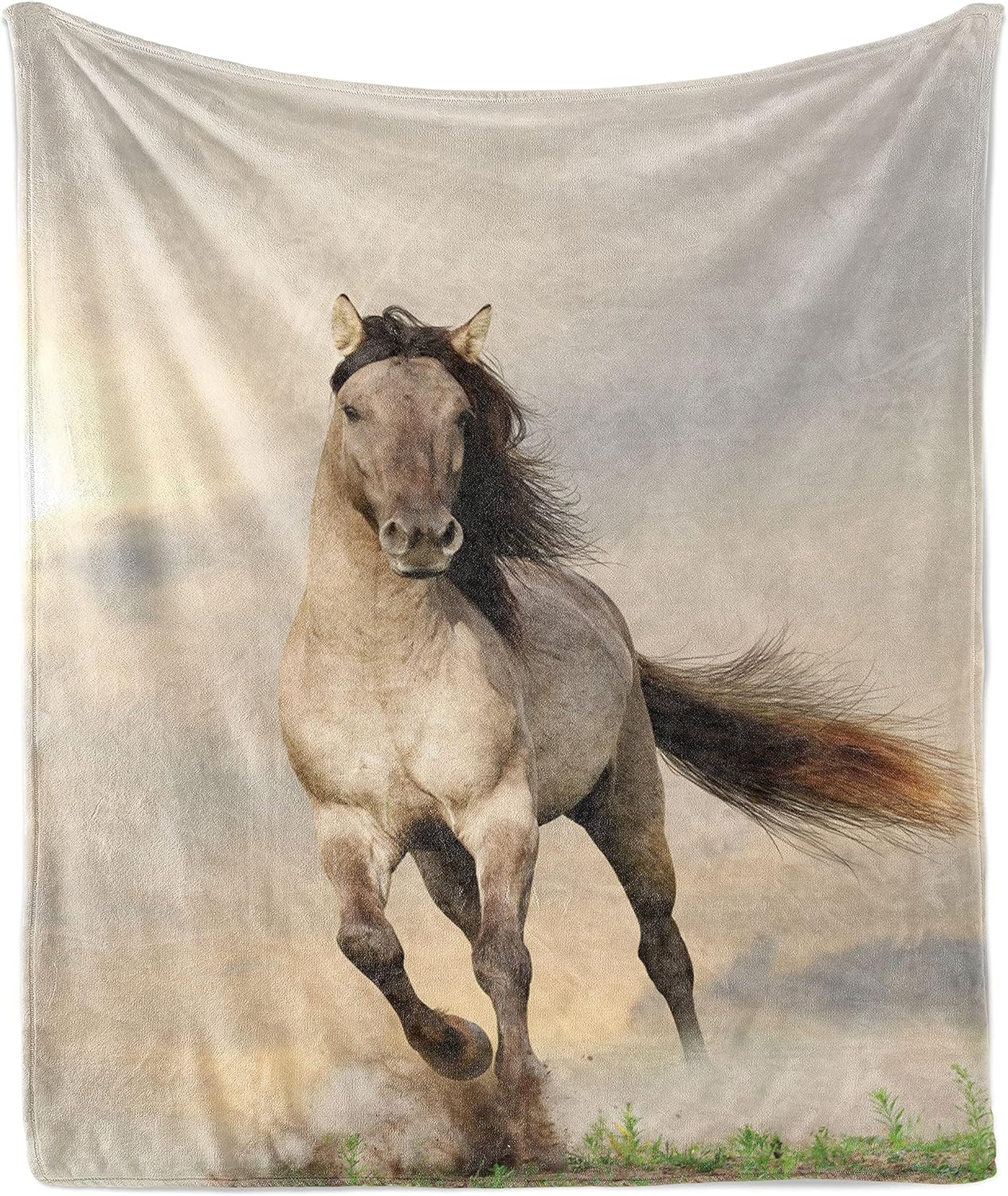 Lunarable Horses Throw Blanket, Wild Young Stallion Horse Running at Sunset Male Power Muscular Physique Nobility Photo, Flannel Fleece Accent Piece Soft Couch Cover for Adults, 50" x 70", Beige