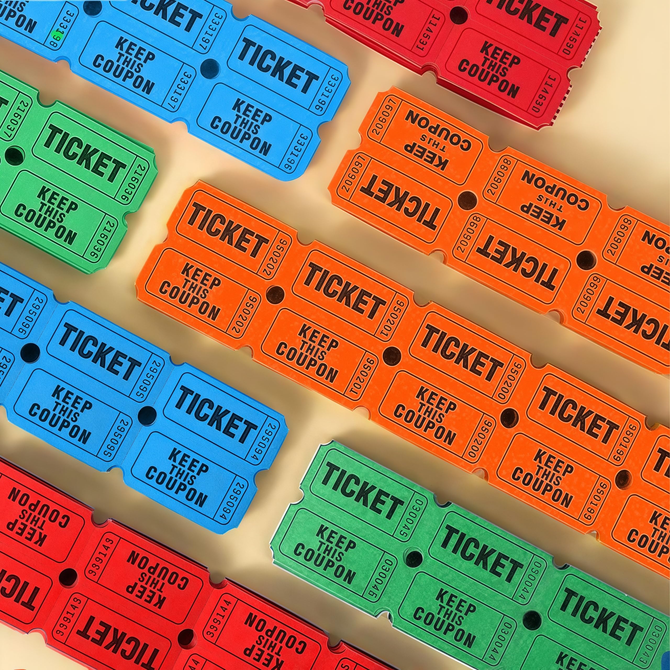 Lot de 4 rouleaux de tickets tombola doubles - 4000 billets numérotés (rouge, orange, vert, bleu) - Verso inscriptible - Billets d'entrée détachables pour événements, fêtes, collectes de
