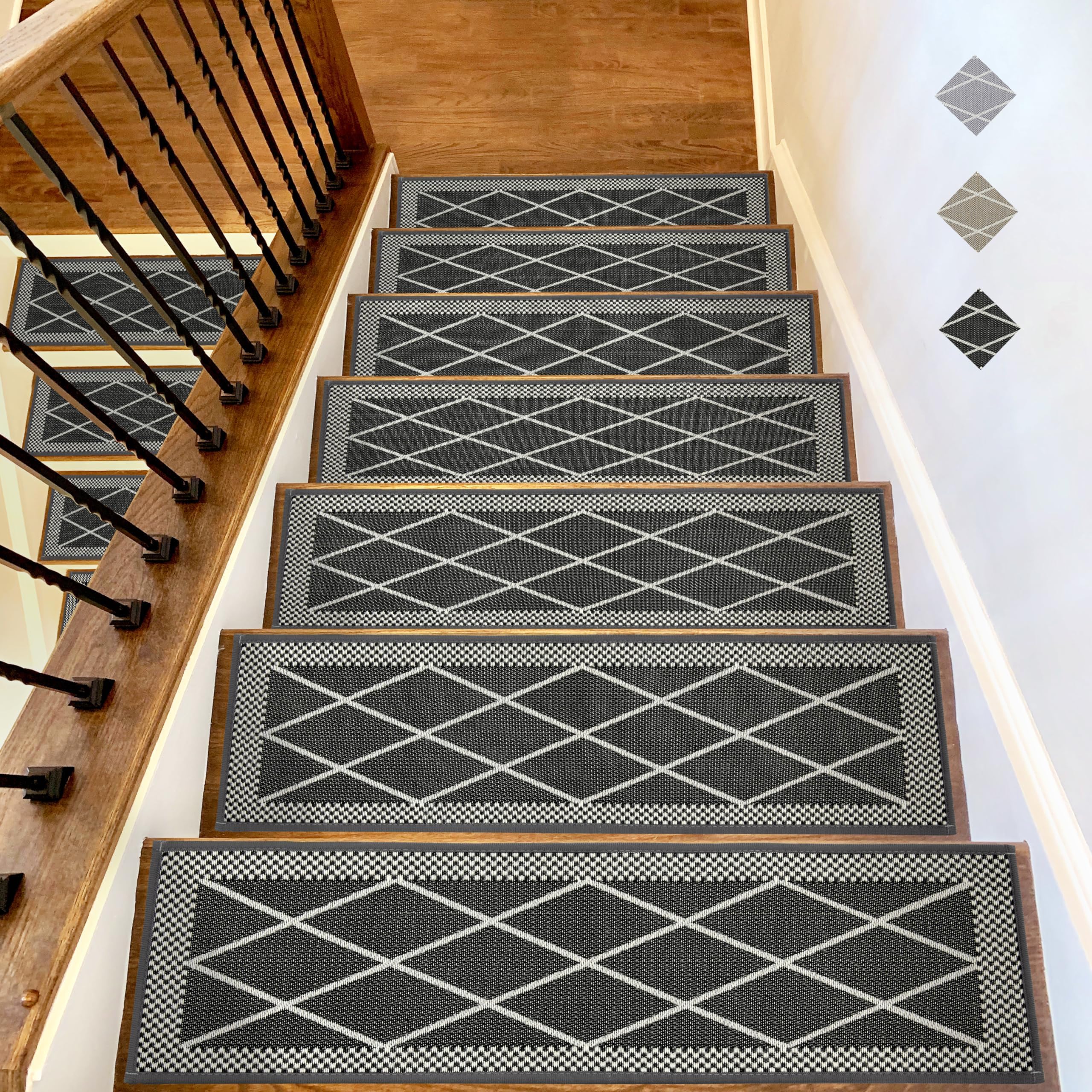 15Pcs 8" x 30" Linen Stair Treads for Wooden Steps Indoor Non Slip Noise Reduction Washable Stair Carpet Runner with Self Adhesive Safety for Kids Elders and Pets Stair Runner, Black