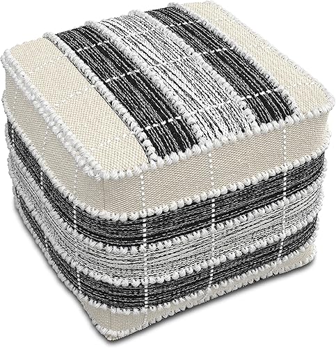 Miniatura 5 de SIMPLIHOME Puf cuadrado bohemio de cebada en blanco, beige, relleno de poliestireno negro para la sala de estar, el dormitorio y la habitación de