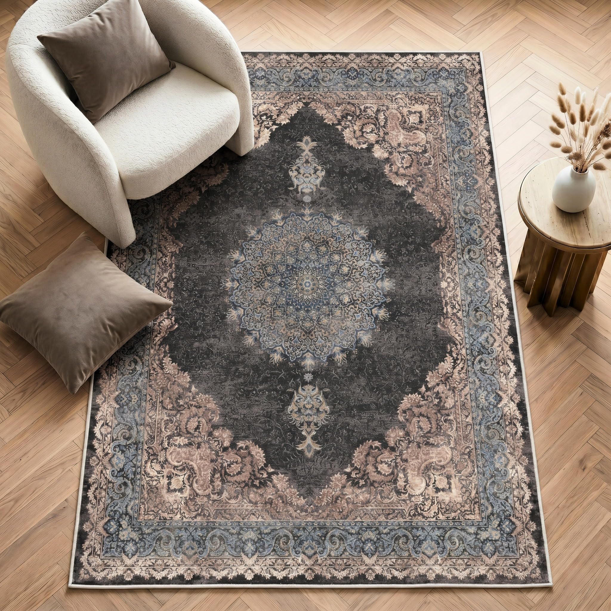 Imperium Homeware Machine Washable Rug, 80x150cm, Non-Slip Backing, Short Pile, Non-Shedding, Pet-Friendly — Area Rug for Living Room & Bedroom, Bosphorus Midnight Charcoal with Blue & Gold Accents — image 1