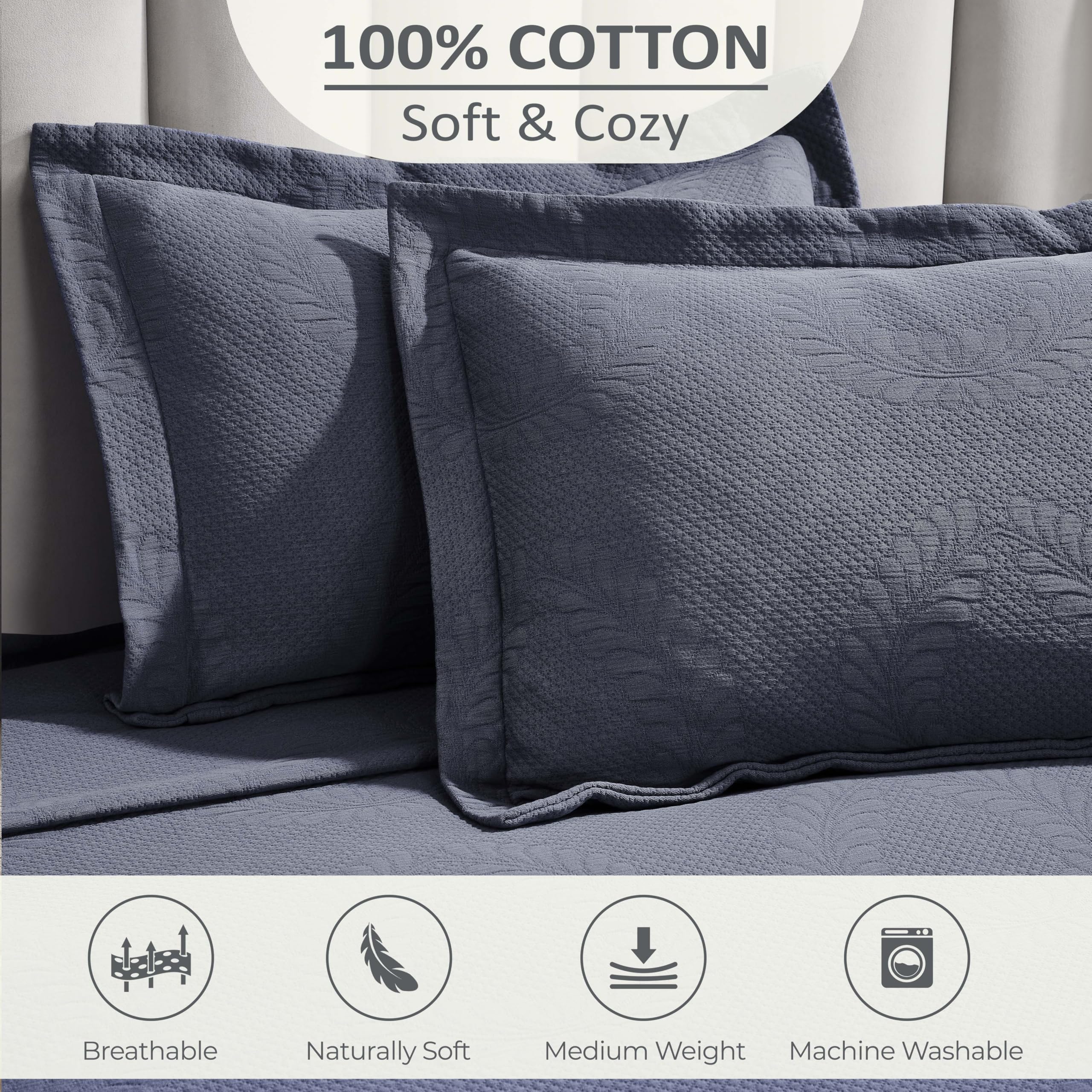 HOMECITY 100% Cotton Oversized Bedspread Set - 3 Piece Matelasse Coverlet With 2 Shams, Denim Blue, California King
