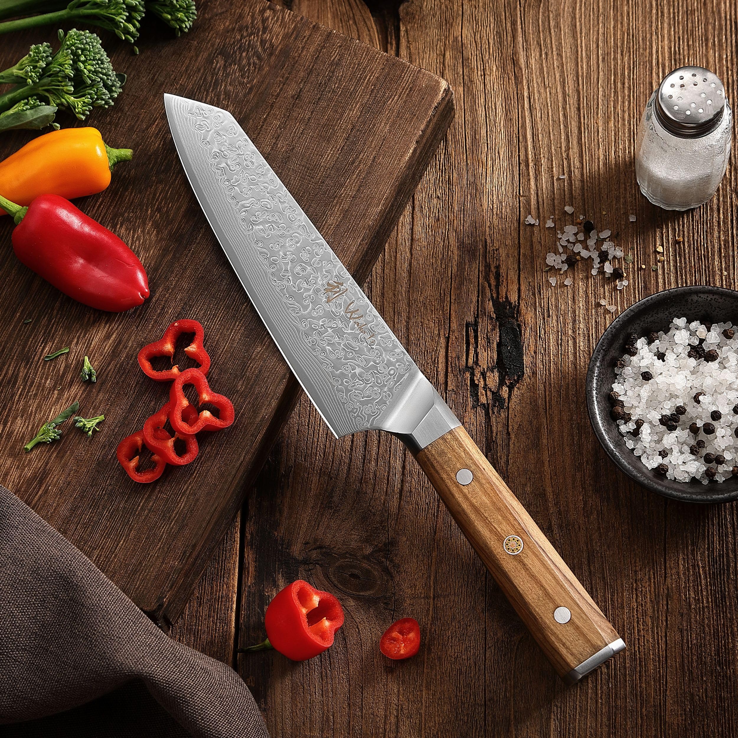 Wakoli Oribu Kiritsuke Messer mit 18 cm Klinge, scharfes Damast Kochmesser aus 67 Lagen mit VG 10 Kern, Full Tang Küchenmesser mit Griff aus Olivenholz in Geschenkbox für präzise Schnitte