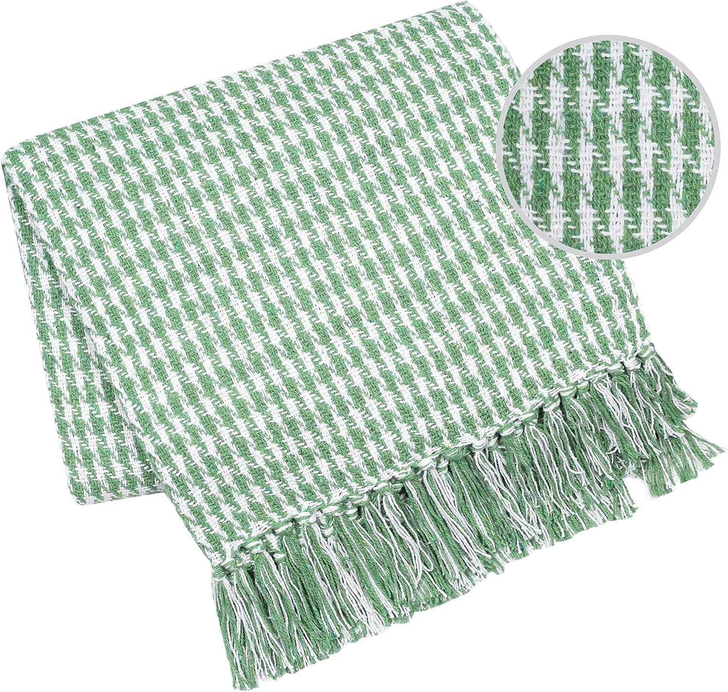 Belizzi Home Throw Blanket for Couch Sofa Chair Bed Outdoor 50x60, 100% Cotton Throw Blanket for Adults and Kids, All Season Farmhouse Vintage Houndstooth Throw Blanket with Fringes, Green