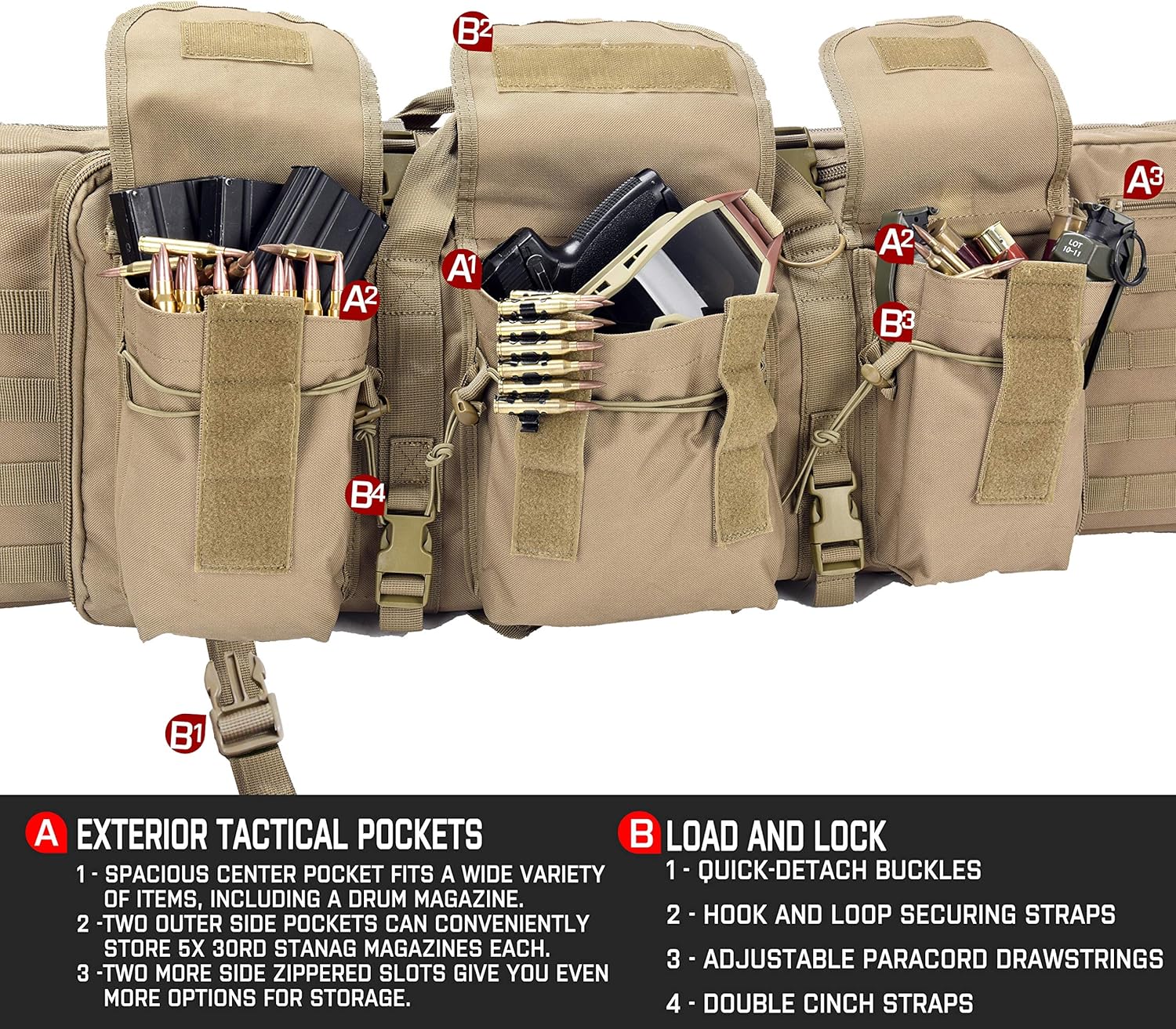 Lancer Tactical 600 Denier Polyester Double Carbine Soft Case Accessory Pouches MOLLE Webbing Secondary Gun Compartment Quick Detach Buckles Inner Storage Backpack Straps