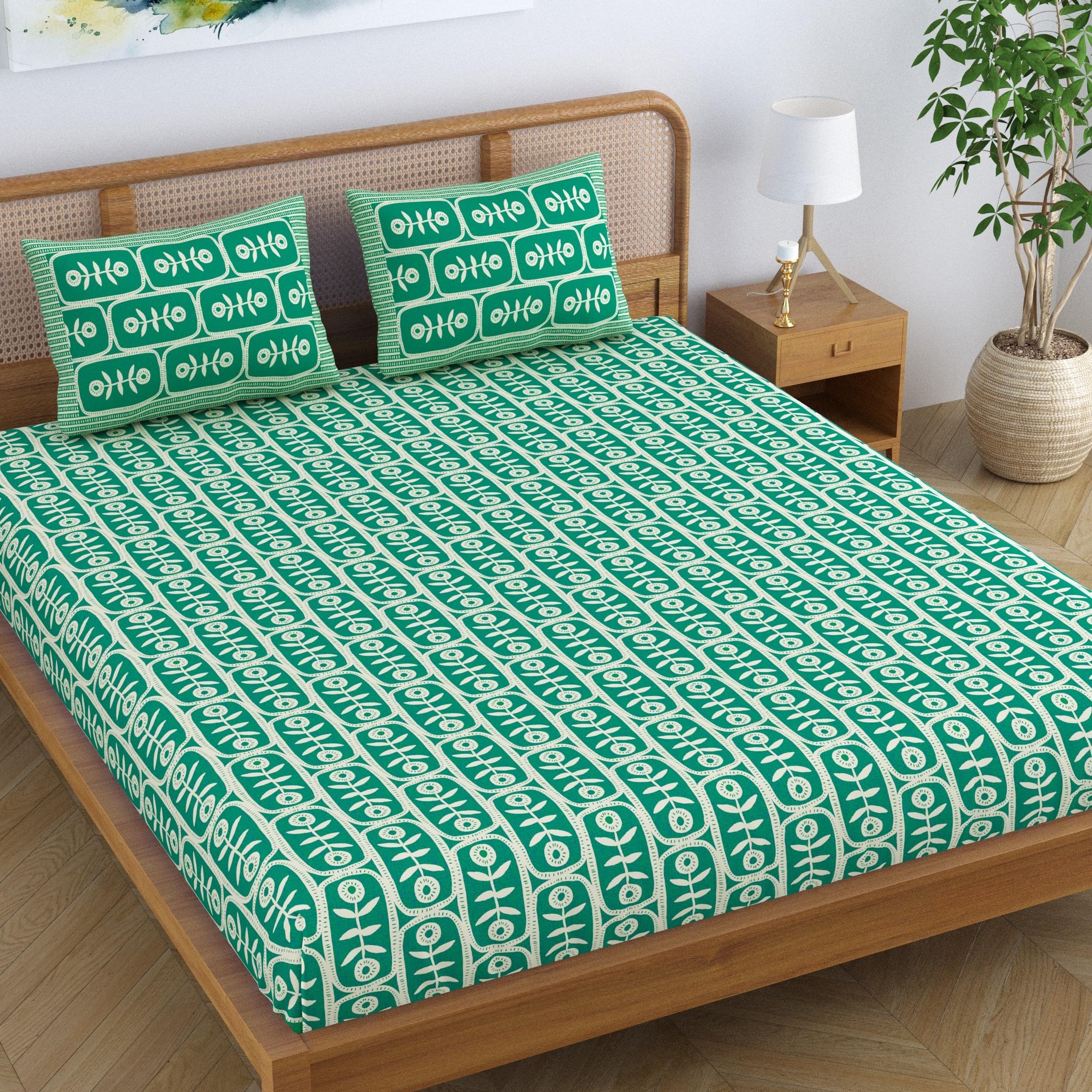 SheetKart Pure Cotton Floral Motif Printed Elegant Jaipuri Bedsheet for Double Bed King Size with 2 Pillow Covers - Jade Green (B0D2W188C8) Amazon Price History, Amazon Price Tracker
