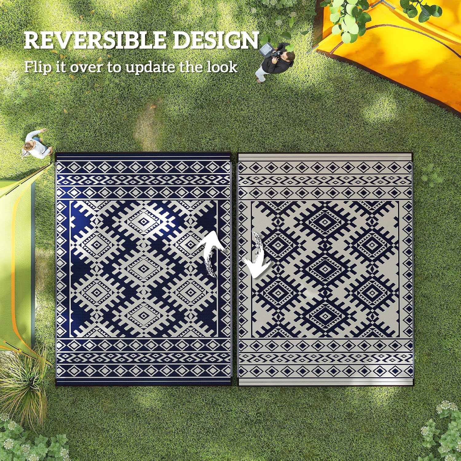 Outsunny Outdoor Rug for Patio, 9' x 12' Waterproof Large Mat, Reversible Plastic Straw Rug for Decor, Portable Outside RV Camping Area Carpet Mat for Backyard Porch Deck Picnic, Blue & White Rhombus