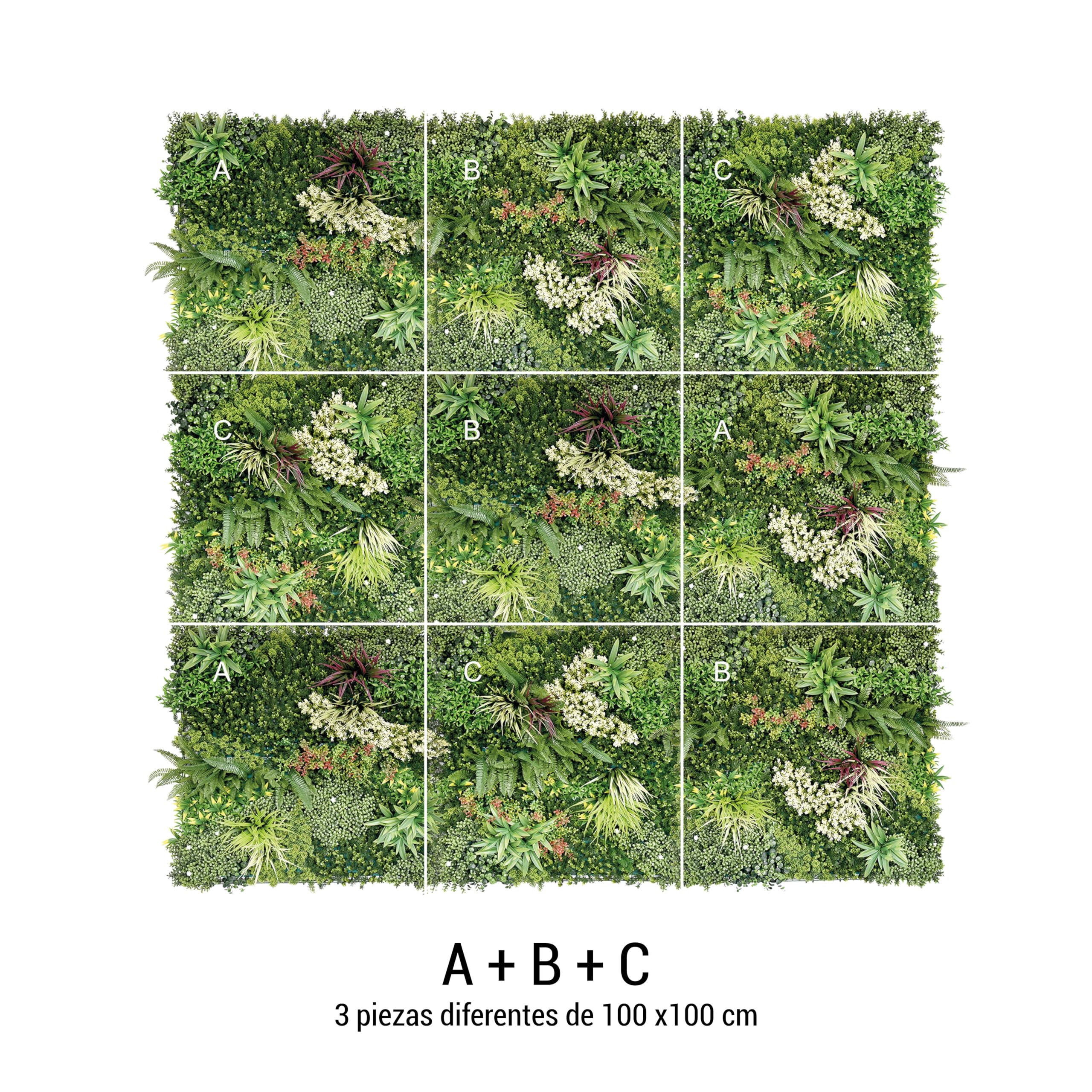 Bonerva Jardín Vertical Artificial Bahamas 3m², Pack 3 Paneles 100x100 cm, Muro Vegetal Verde Decorativo con Protección UV Interior Exterior