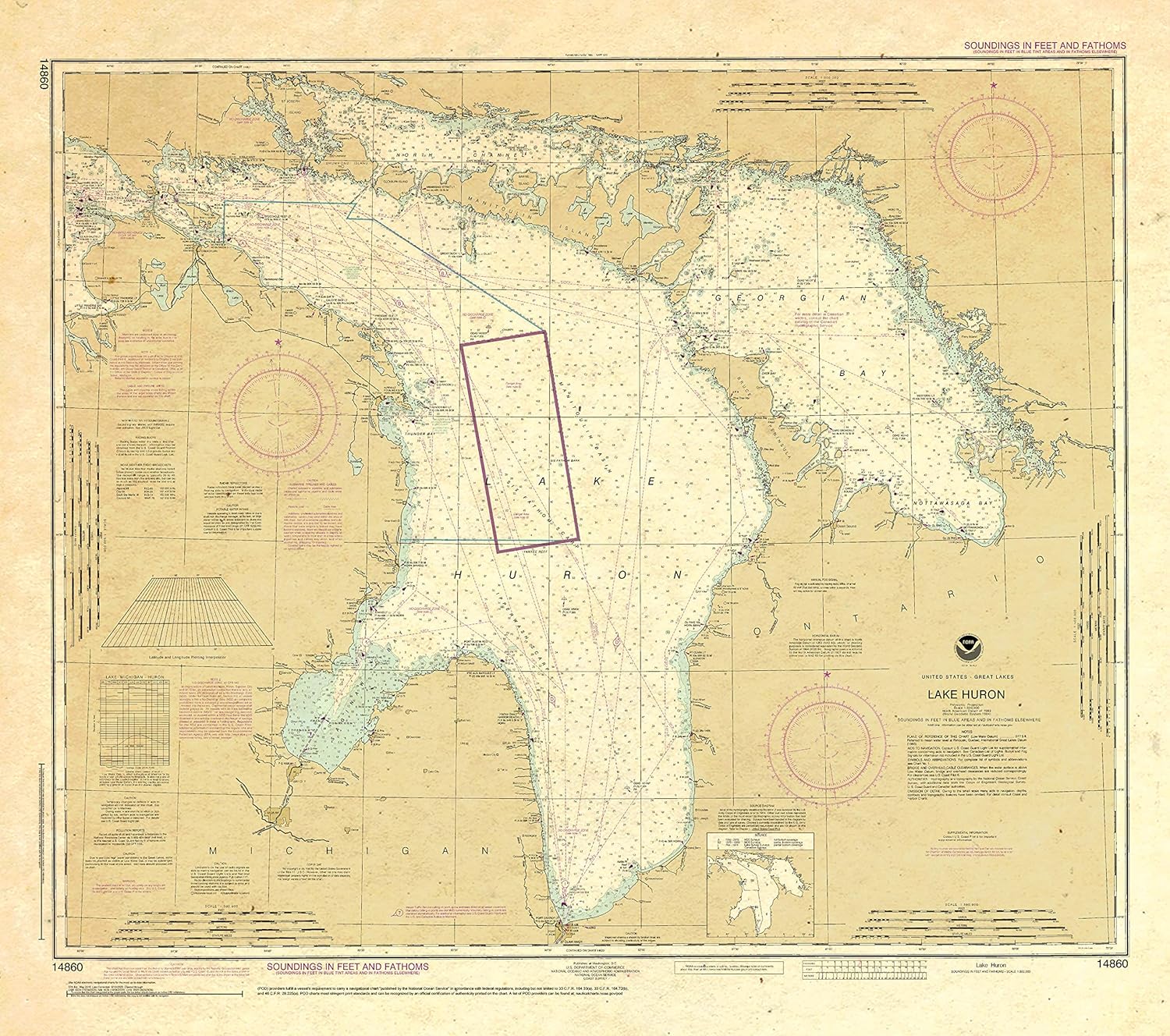 Paradise Cay Publications, Inc. Antiqued NOAA Chart 14860: Lake Huron