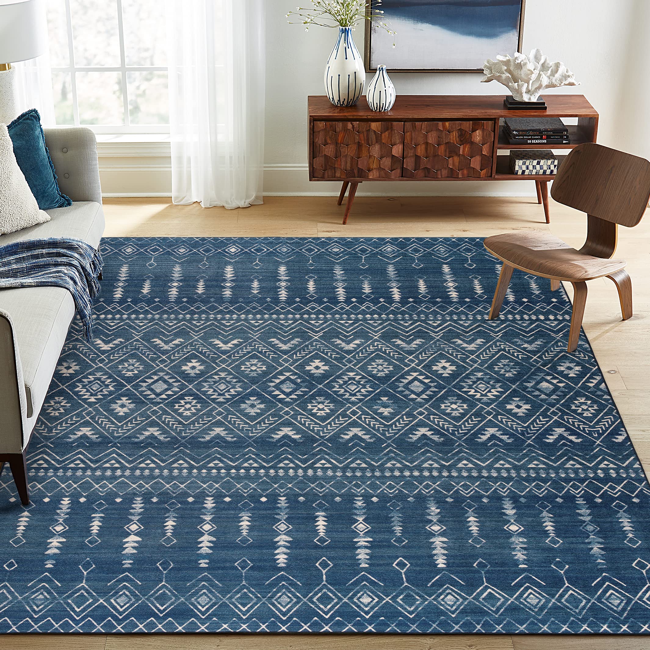 ReaLife Machine Washable Rug - Stain Resistant, Non-Shed - Eco-Friendly, Non-Slip, Family & Pet Friendly - Made from Premium Recycled Fibers - Moroccan - Blue, 5' x 7'