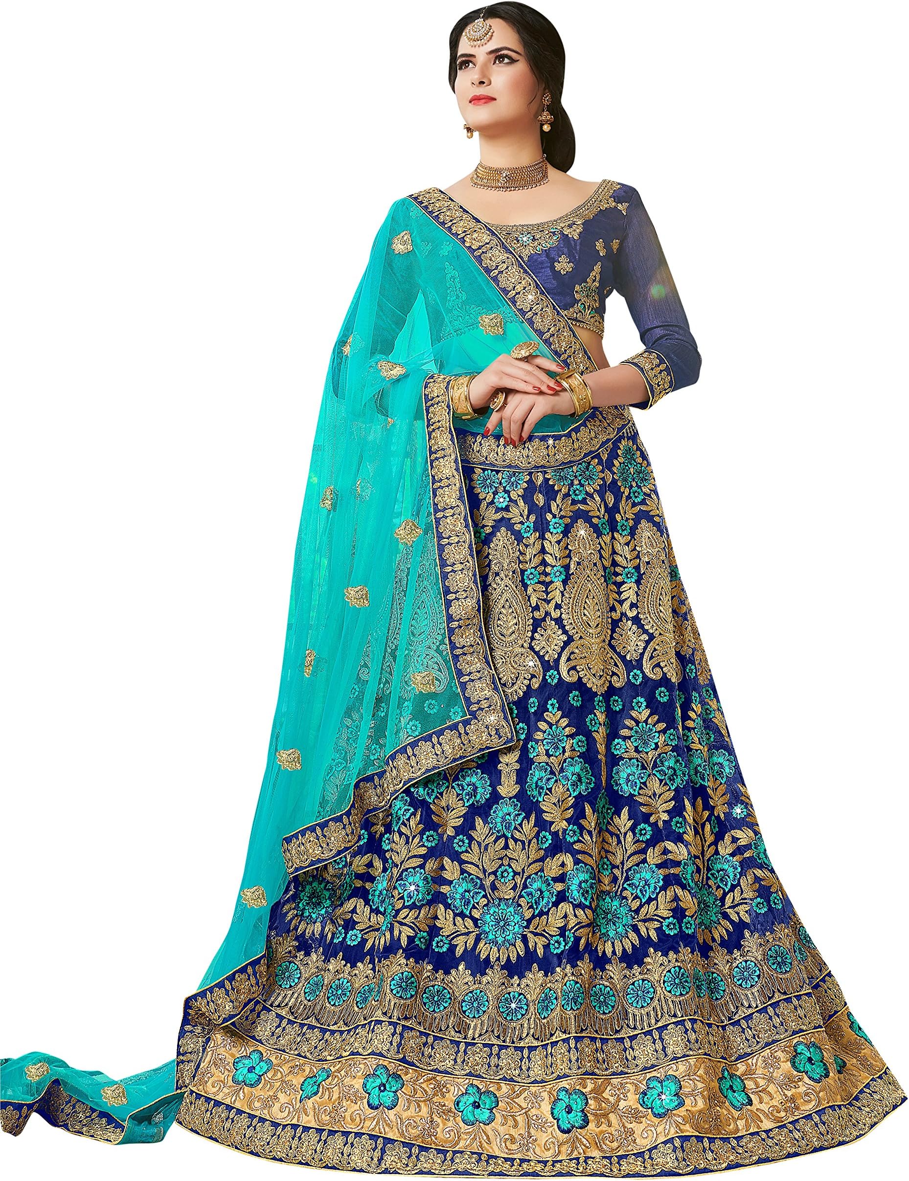 MANVAAWomen's net Lehenga Choli (KNSH24701_Blue_Freesize)