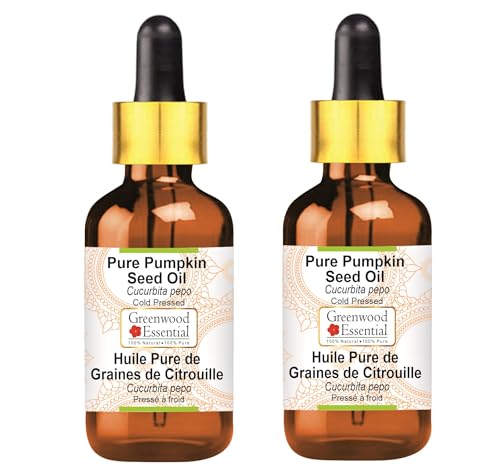Image of Greenwood Essential Pure Pumpkin Seed Oil (Cucurbita pepo) with Glass Dropper | Cold Pressed | Natural | Undiluted | For Diluting Essential Oils | For Hair, Skin & Massage | Men & Women | 100ml X 2