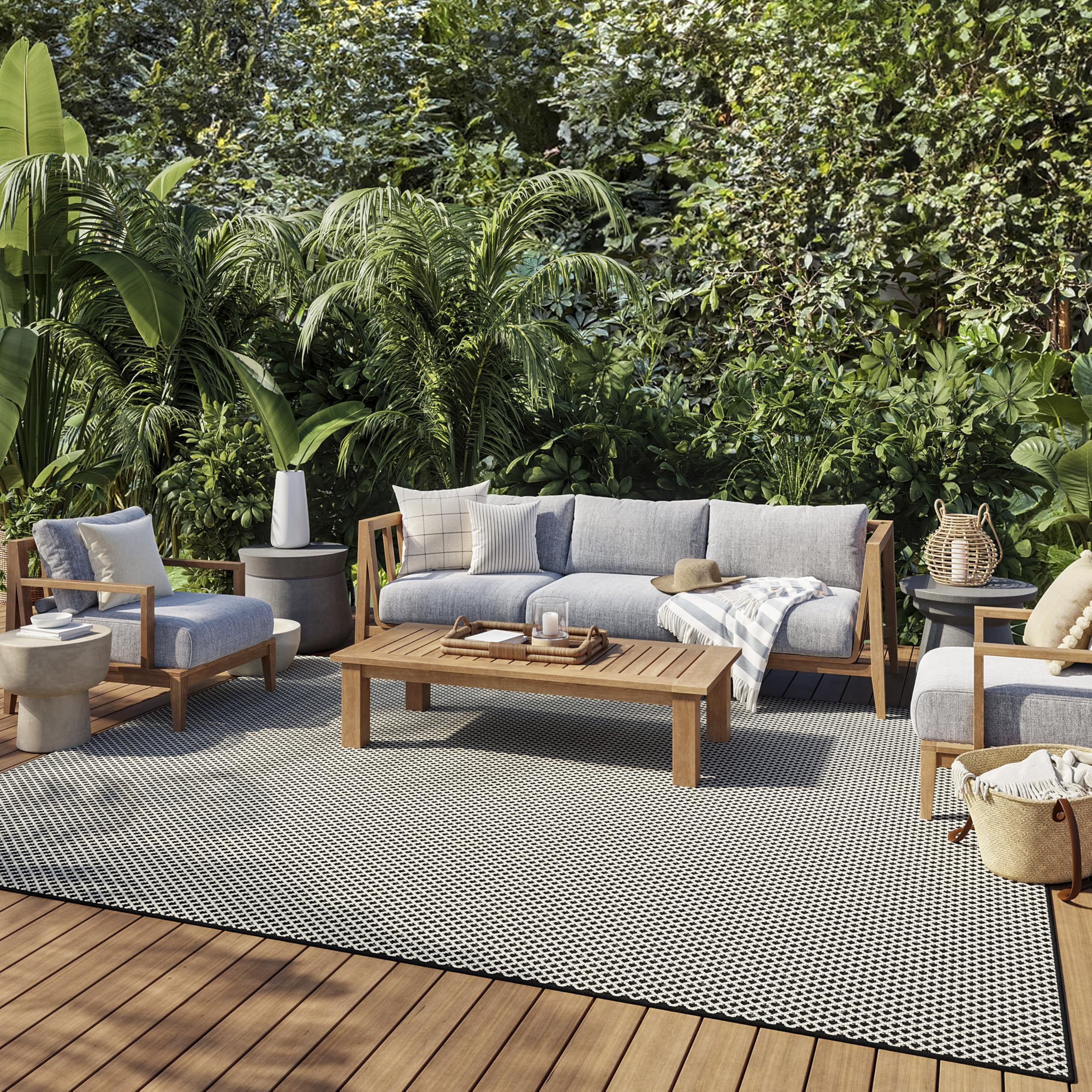 Nourison Home Courtyard Black White 8' x 10' Area Rug - Easy Clean, Non Shedding, Bed Room, Living Room, Dining Room, Kitchen (8' x 10')