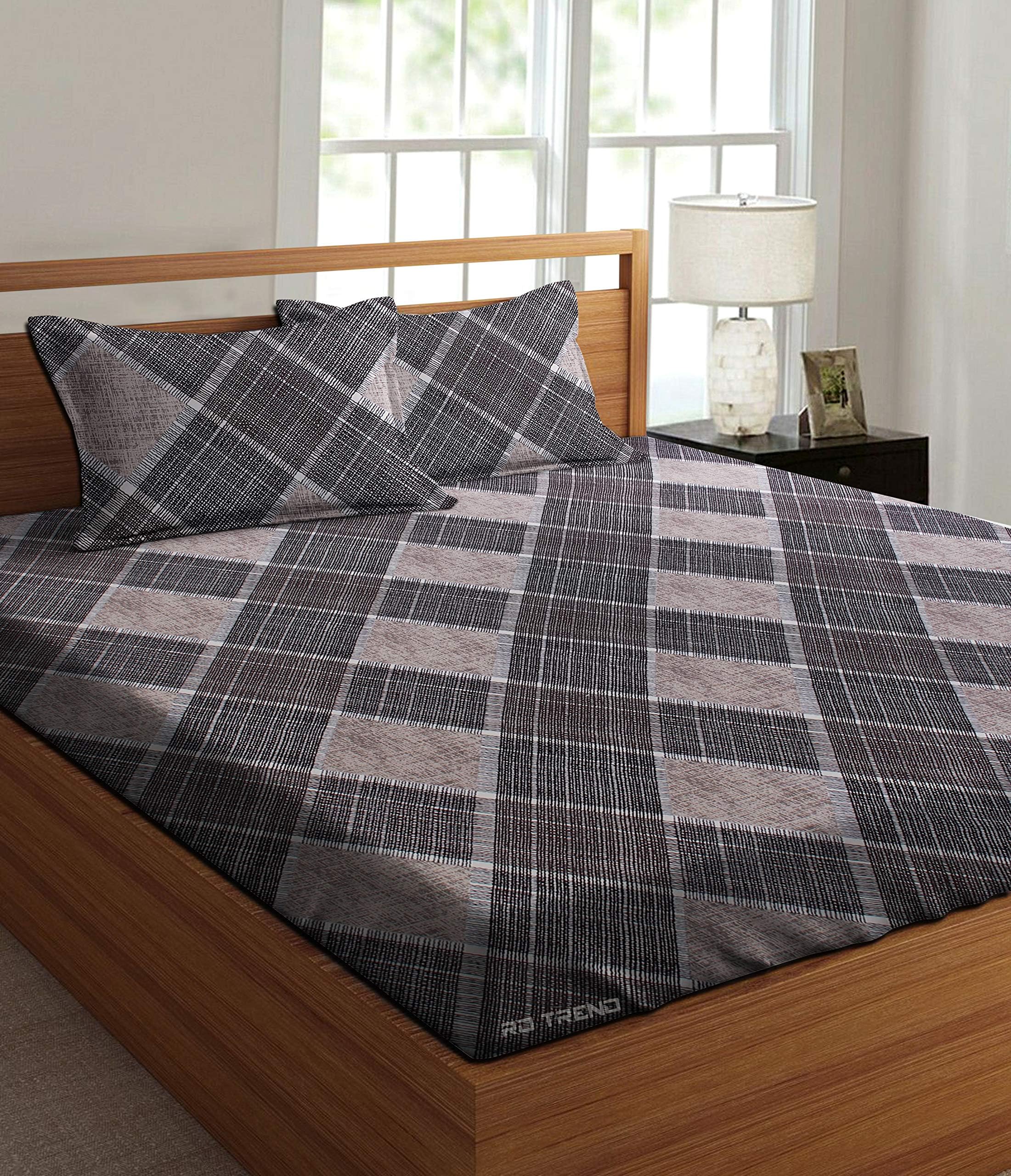 RD TREND Presents 100% Cotton 300TC Elastic Fitted King Size Double Bedsheet with 2 Pillow Covers (Gray) (Gray)